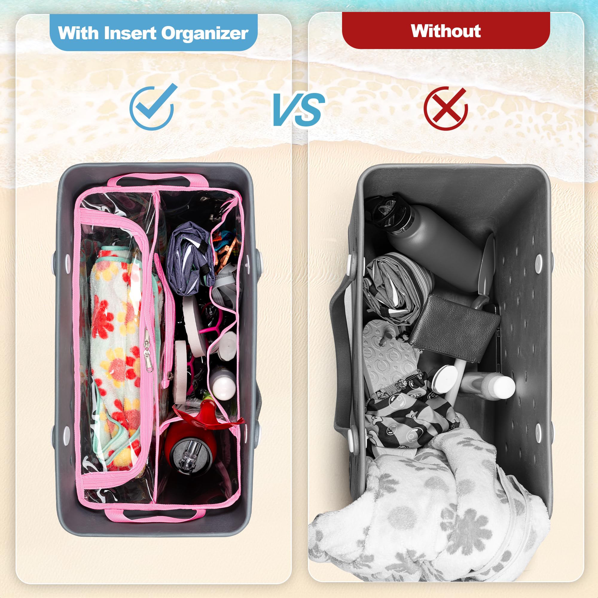 Waterproof Clear Beach Bag Organizer Insert for Bogg Bag X Large - 15.6 x 8.4 x 10.8 Inches Pink Divider Pouch - Perfect for Beach Trips, Poolside Essentials & Travel Organization