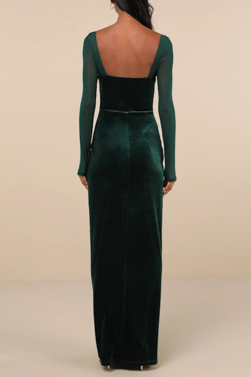 Certifiably Chic Emerald Green Velvet Mesh Long Sleeve Maxi Dress for Women - Perfect for Weddings, Parties & Evening Events