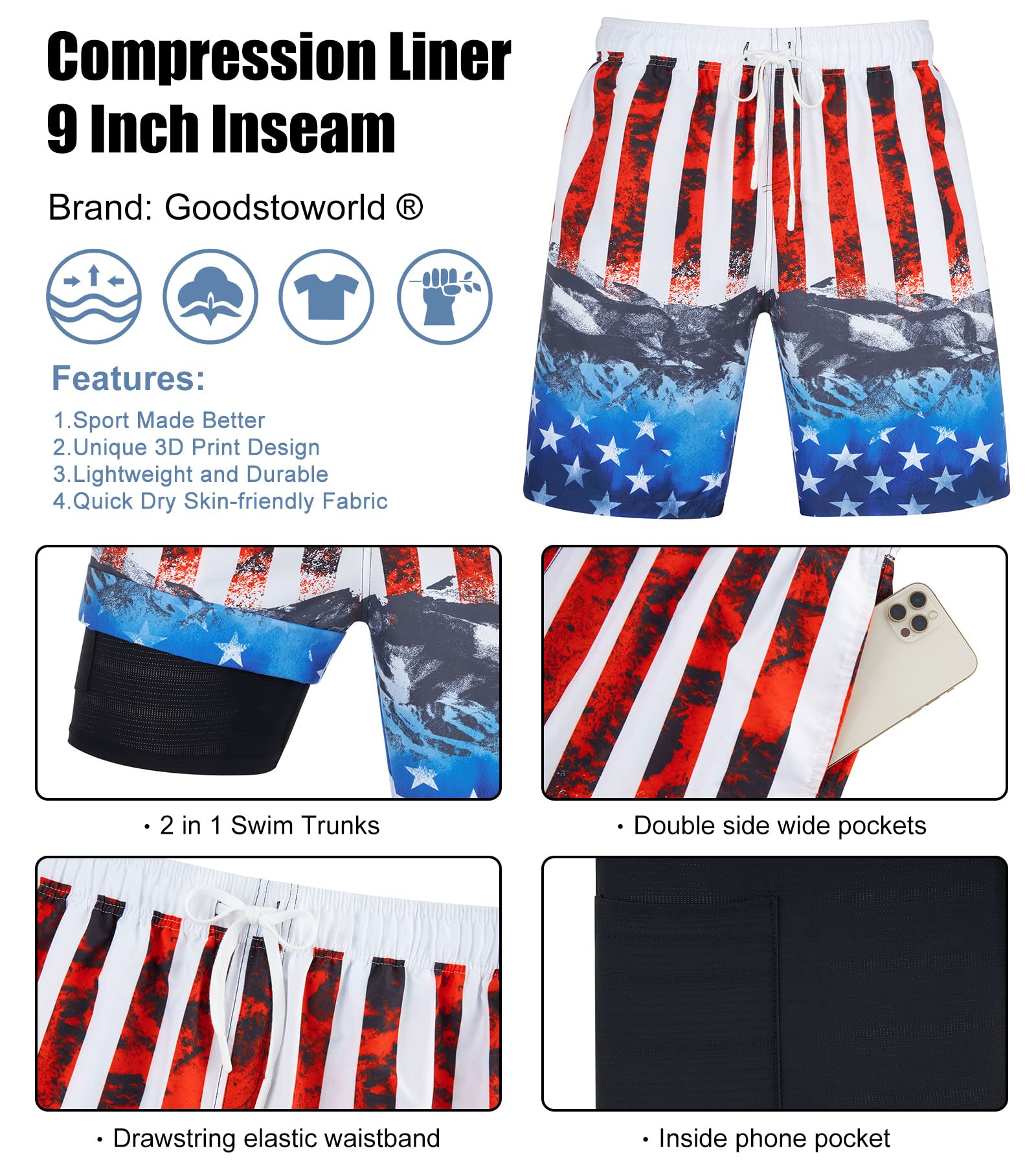 Goodstoworld Men's Funny Swim Trunks with Compression Liner - 2-in-1 Quick-Dry 9-Inch Stretch Swim Shorts with 3 Pockets for Beach, Pool & Water Sports