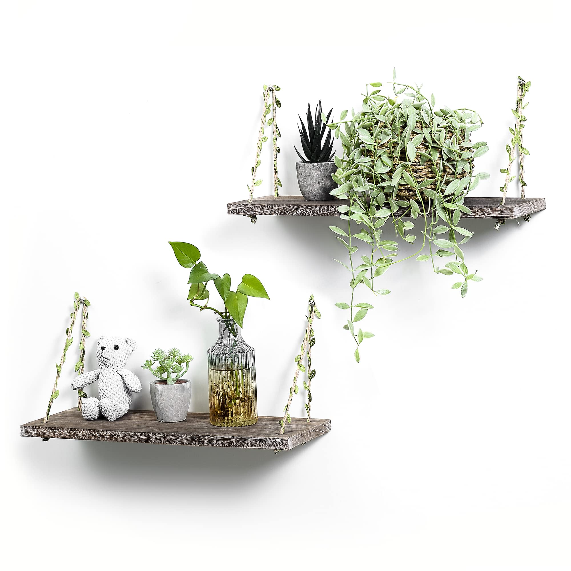 MITIME Leaf Rope Hanging Floating Shelves - 2-Pack Retro Wall Swing Storage Shelves for Home Decor, Bedroom, Bathroom & Living Room Organization