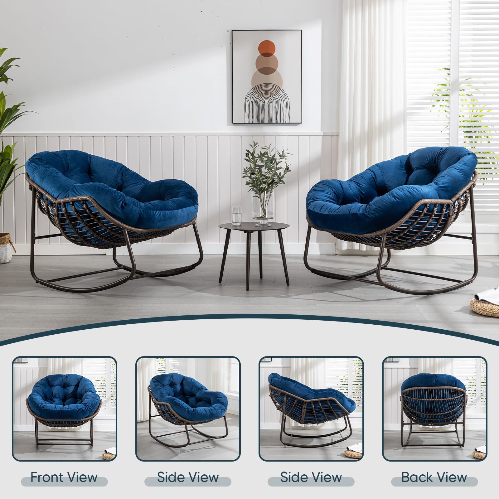 Outdoor Rocking Chair - Oversized Rattan Egg Rocking Chair with Padded Cushion for Patio, Garden, Porch, Balcony & Backyard - Modern Lounge Recliner Chair in Navy Blue - Perfect for Relaxing, Reading & Sunbathing