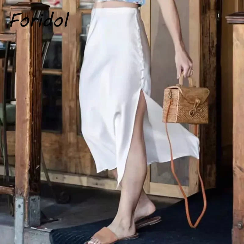Foridol Women's High Waist Button Slit Midi Satin Skirt - Elegant A-Line Silk Skirt for Office & Autumn Wear | Perfect for Work, Date Night & Special Occasions