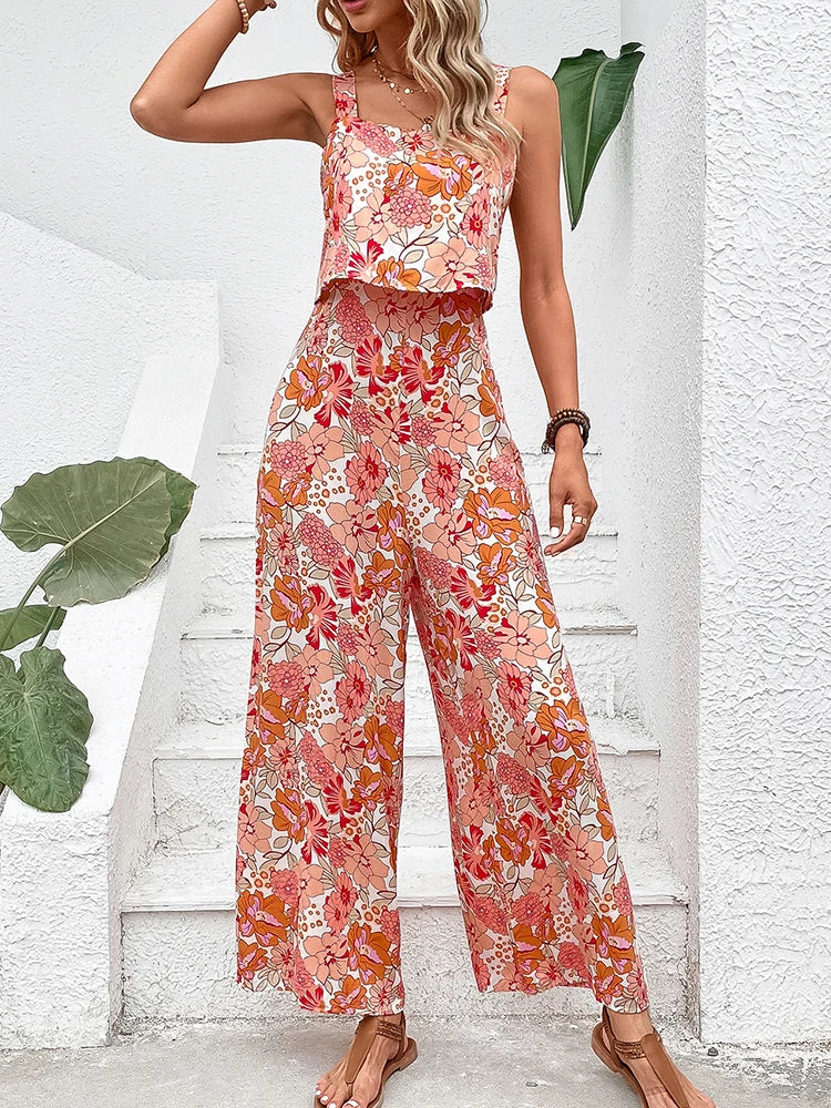 Elegant Long Jumpsuit for Women - Sexy Backless Wide Leg Romper, Sleeveless Floral Jumpsuit, Summer Casual Outfit for Women | Perfect for Beach Vacation, Date Night & Summer Parties