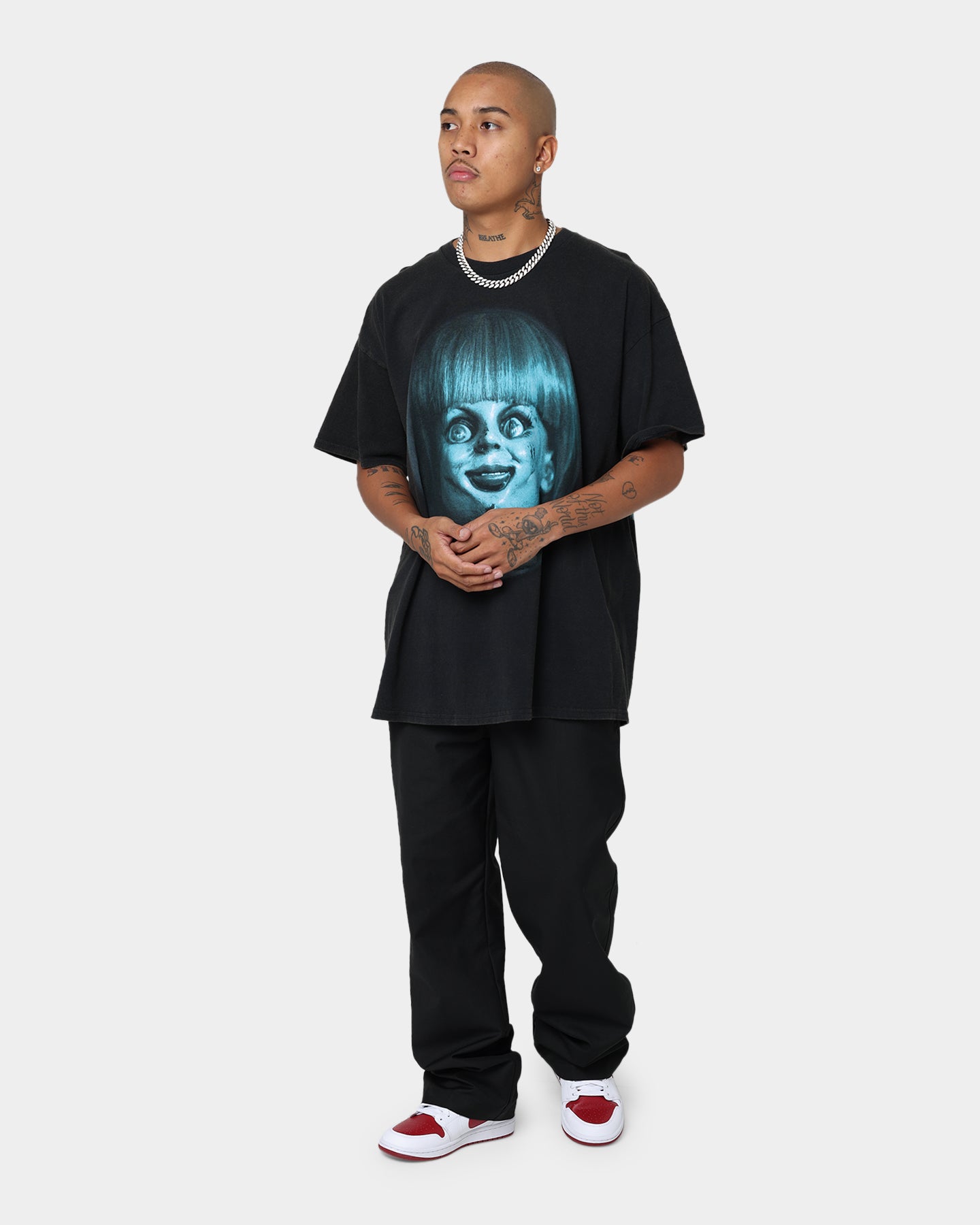 Vintage American Thrift X Annabelle Doll Graphic T-Shirt - Black Wash Distressed Style for Casual Wear & Halloween Costume