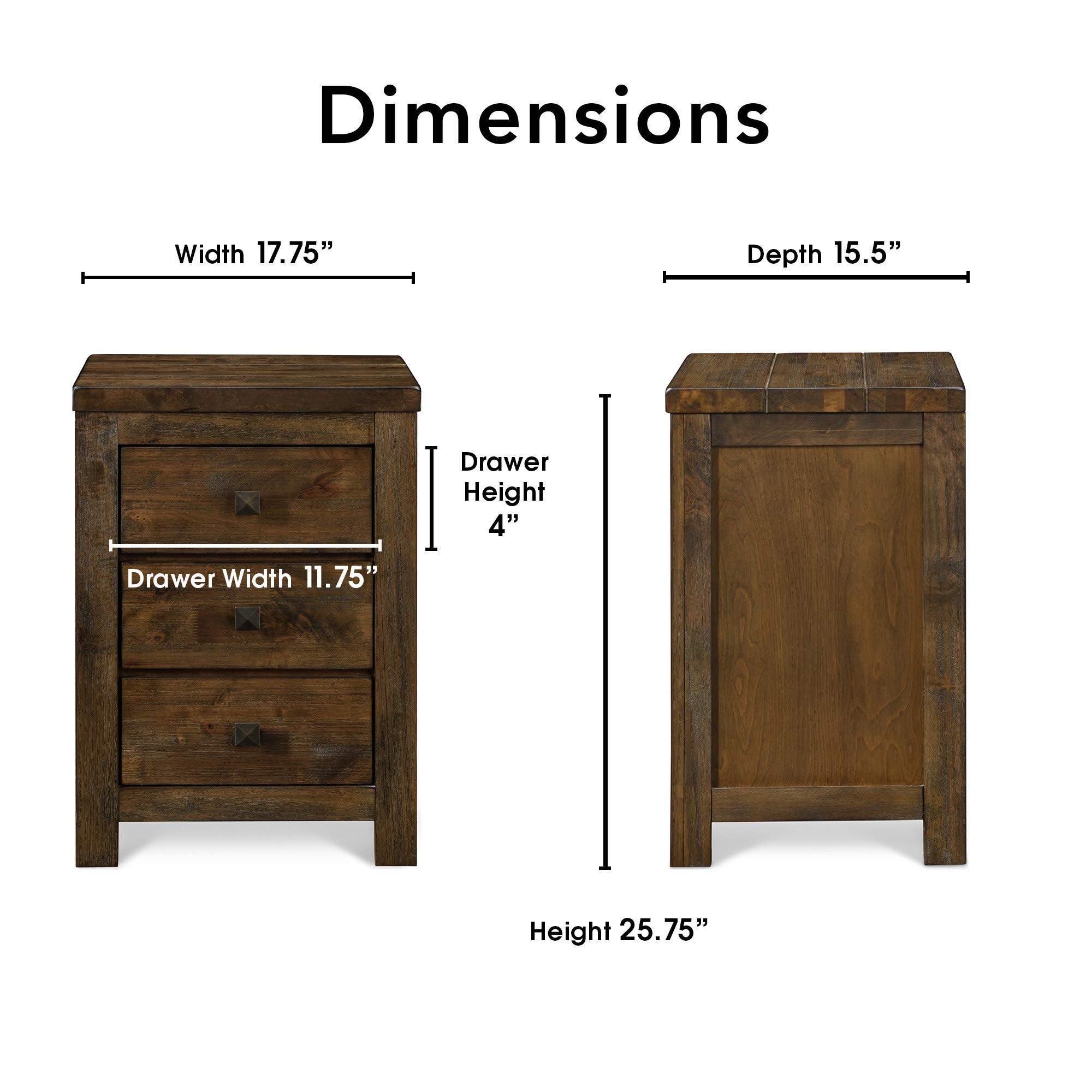 Finch Stratford Farmhouse Wooden Nightstand with 3 Drawers - Rustic Brown Bedside End Table with Space Saving Design for Bedroom, Living Room, or Office