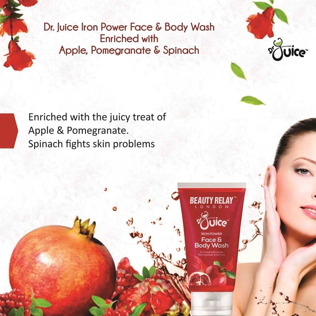 Beauty Relay London Dr. Juice 2-in-1 IRON POWER Moisturizing Face & Body Wash with Apple, Pomegranate, Spinach, Aloe Vera & Olive Oil - Refreshing Cleanser for Dry Skin (200ml) | Perfect for Daily Shower & Post-Workout Skincare Routine