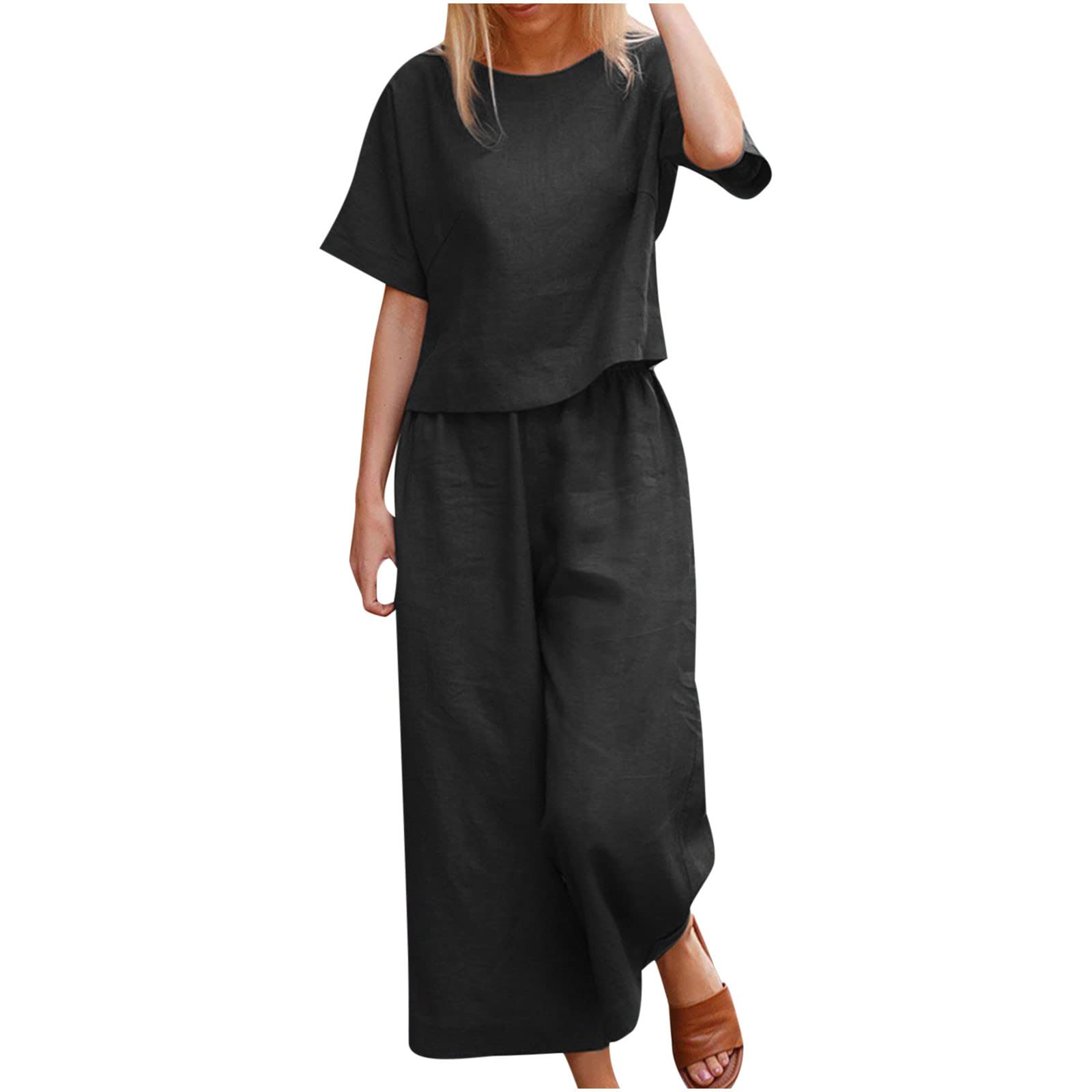 Women's Linen Blend Summer Outfits - Breathable Short Sleeve Tops & Flowy Palazzo Pants 2-Piece Lounge Set | Perfect for Outdoor Activities, Beach Vacations & Relaxing at Home