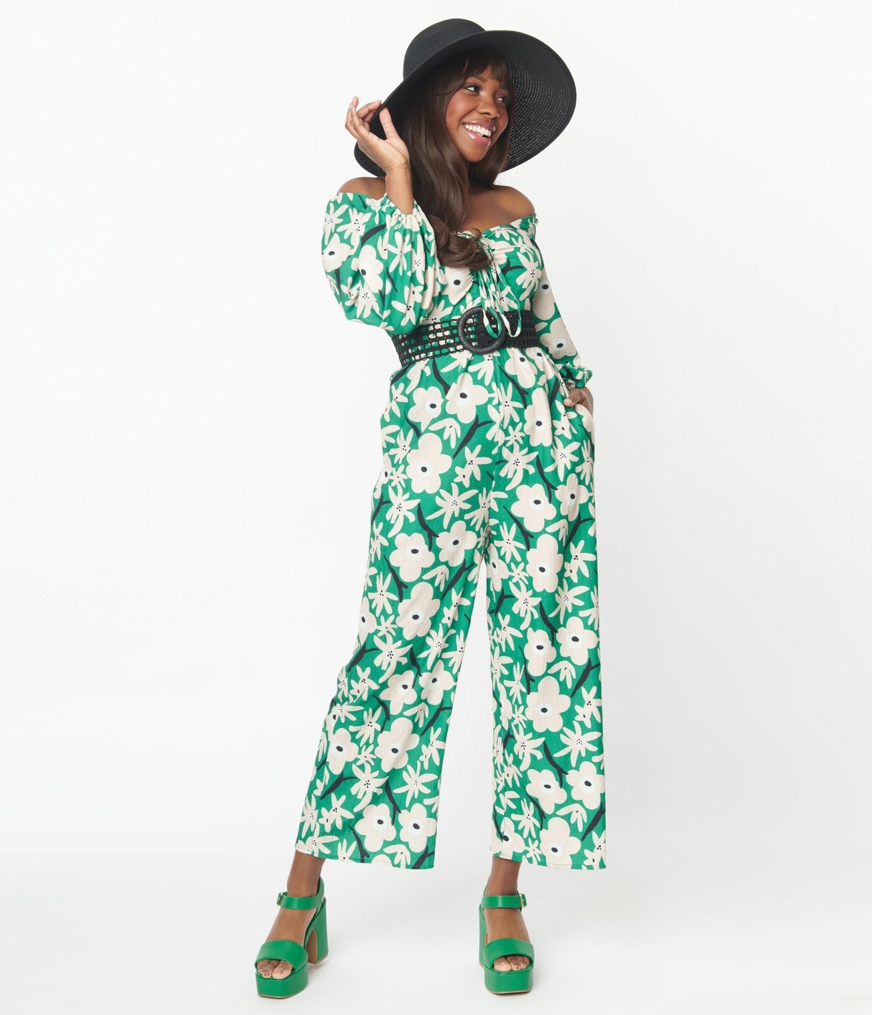 Stylish Green & Ivory Floral Jumpsuit for Women - Elegant Summer Romper with Pockets | Perfect for Beach Vacation, Date Night & Outdoor Parties