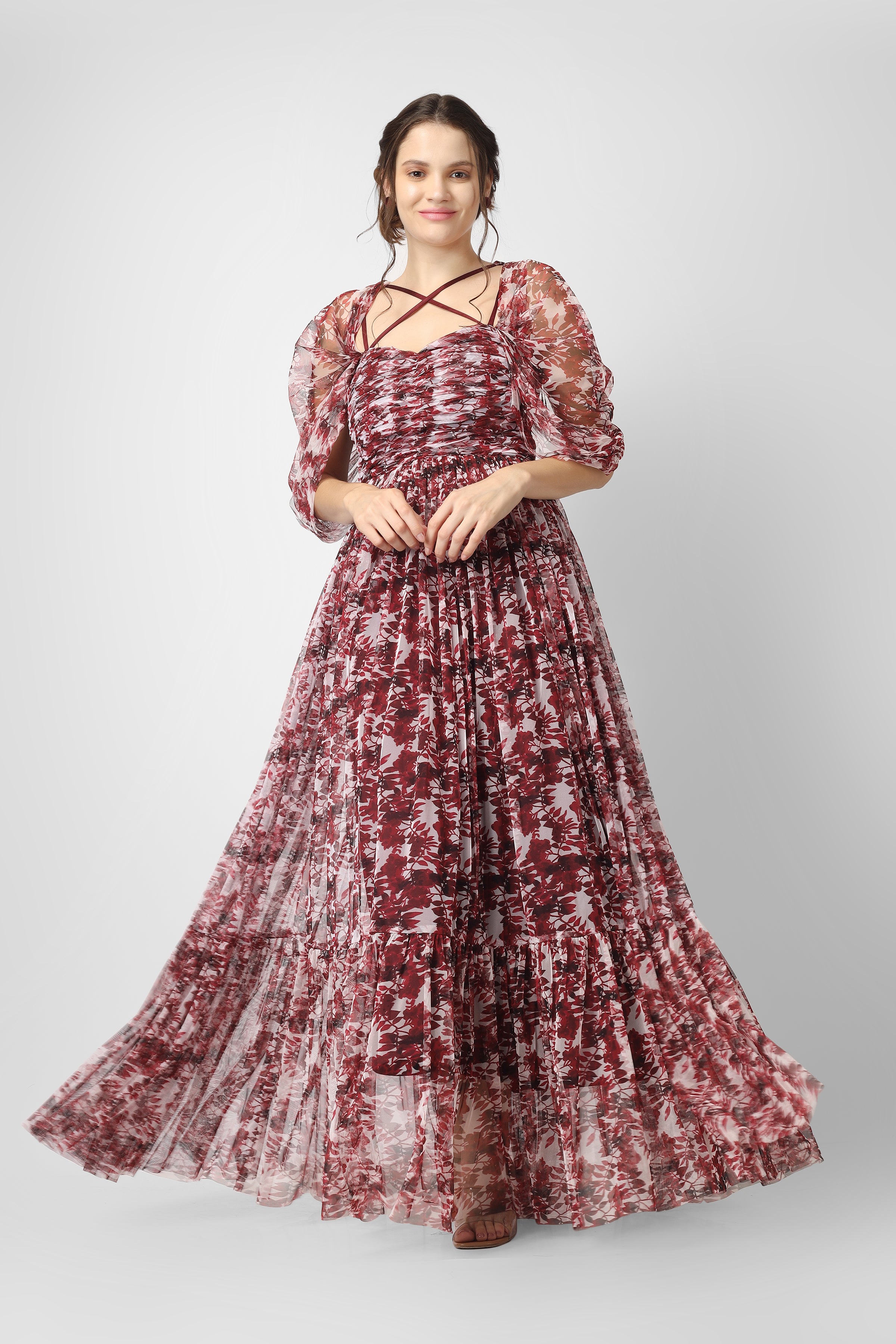 Alicia Maxi Dress in Burgundy Print - Elegant Flowy Long Dress for Women, Perfect for Weddings, Parties & Special Occasions
