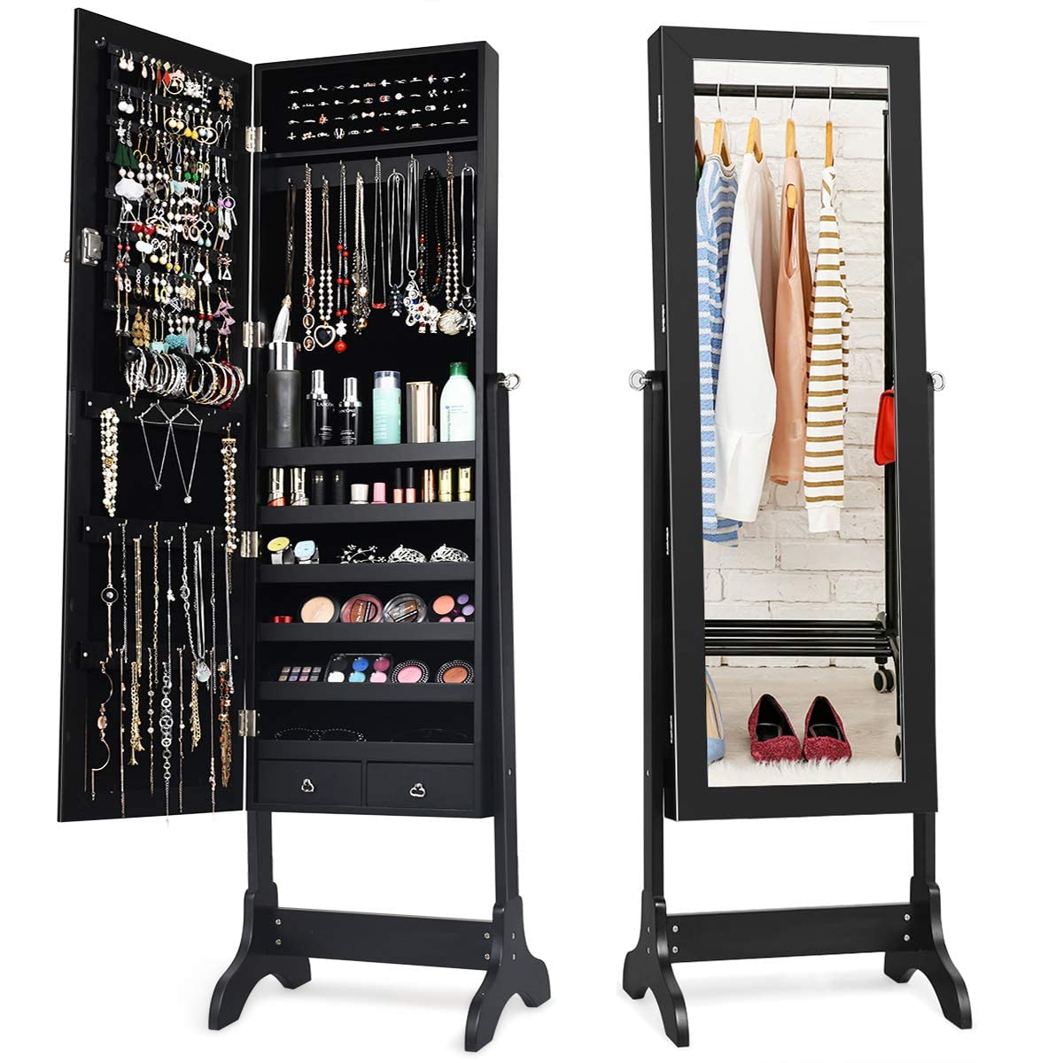 MAT EXPERT Floor Standing Mirror Jewelry Armoire - Lockable Jewelry Cabinet with Full-Length Mirror, Makeup Dressing Storage Organizer with 38 Hooks & 48 Ring Slots, 5 Drawers for Jewelry & Accessories (Black) - Perfect for Bedroom, Closet & Vanity Organization