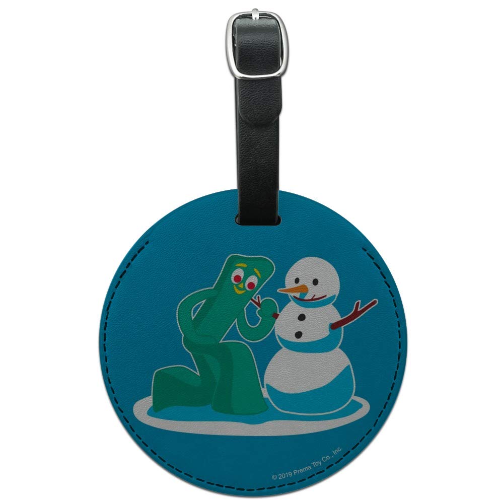 Gumby Making A Snowman Round Leather Luggage Tag - Durable Carry-On ID Tag for Suitcases & Travel Bags - Perfect for Airports, Business Trips and Vacation Travel
