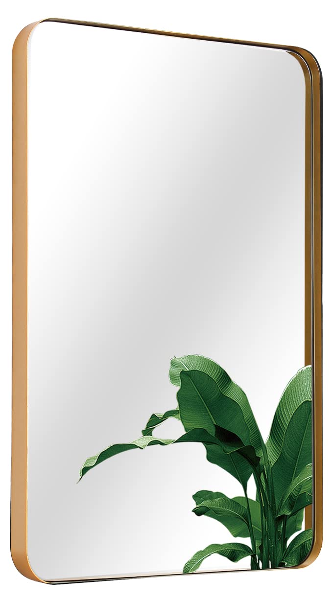 PrimePlus 22x30 Inch Gold Round Corner Bathroom Mirror with Stainless Steel Frame - Horizontal/Vertical Hanging Vanity Mirror for Bedroom, Living Room & Bathroom Decor