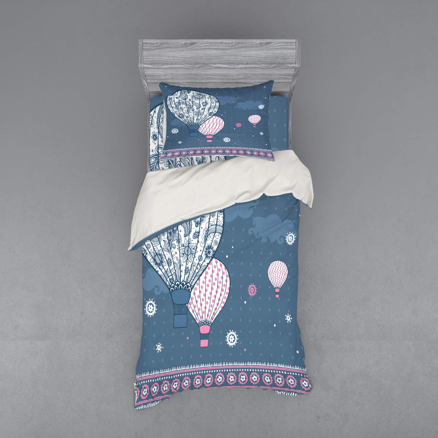Ambesonne Retro Duvet Cover Set - Air Balloons on Polka Dots & Paisley Design, 3-Piece Twin Size Bedding Set with Pillow Sham & Fitted Sheet in Slate Blue & Pale Pink | Perfect for Kids' Rooms, Guest Bedrooms & Bohemian Decor
