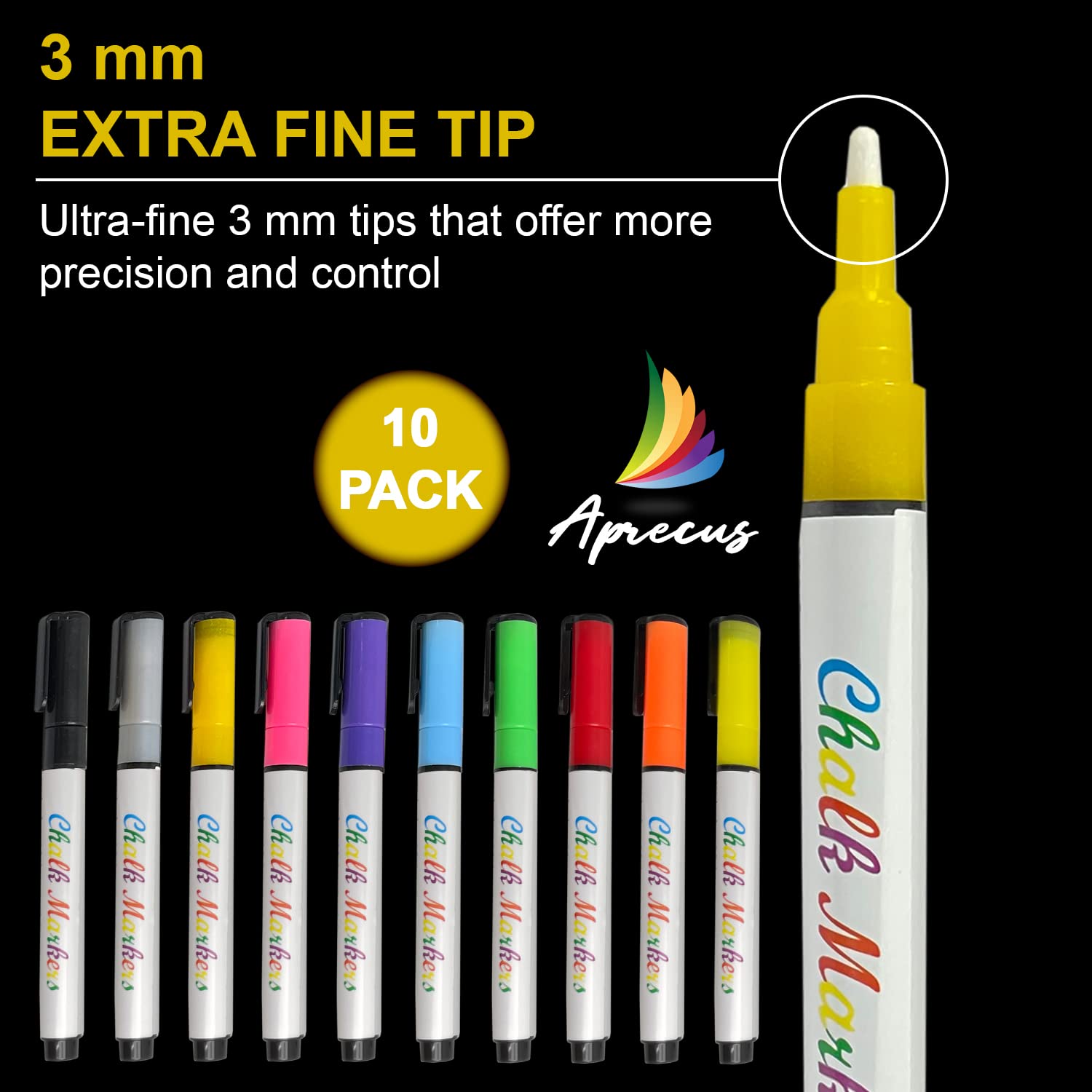 10 Pack Neon Liquid Chalk Markers - 3mm Fine Tip Erasable & Dustless Chalkboard Pens for Kids & Adults - Water-Based Non-Toxic Markers for Blackboard, Glass, Windows, Whiteboard & DIY Crafts