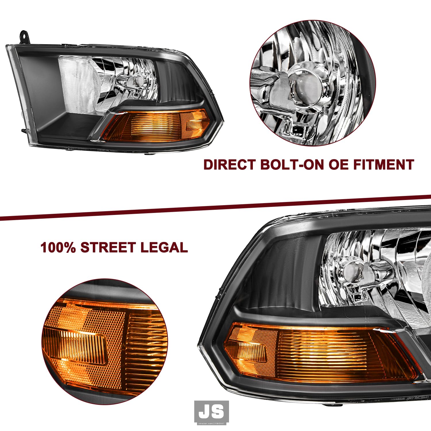 JSBOYAT Headlight Assembly Replacement for 2009-2012 Dodge Ram 1500/2500/3500 - Dual Beam Compatible - Driver & Passenger Side - Black Housing with Amber Reflector (Bulbs Included) - Perfect for Night Driving & Off-Road Adventures
