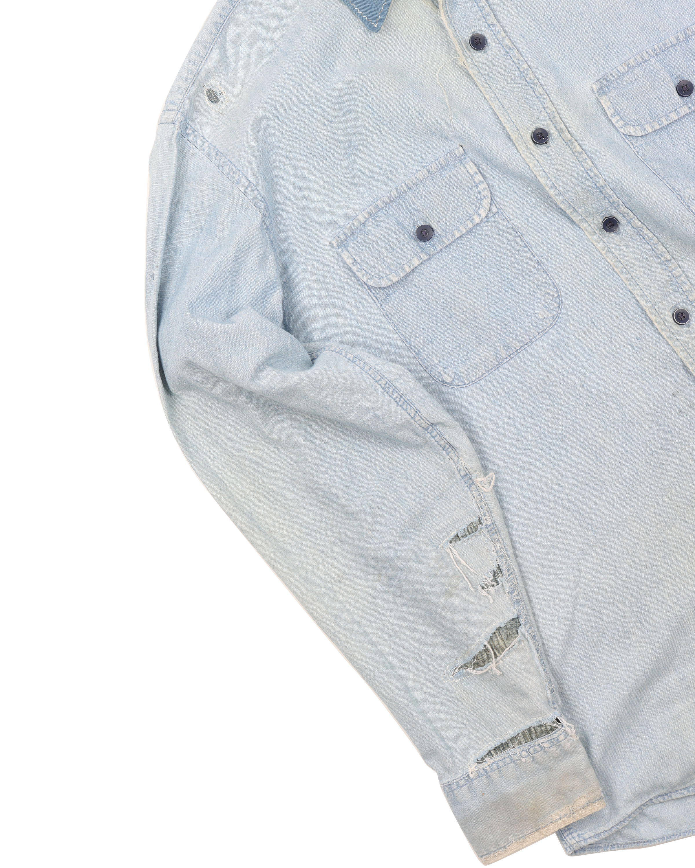 Vintage 1990s Distressed Denim Shirt for Men & Women - Retro Repaired Denim Top for Casual Wear, Street Style & 90s Fashion Outfits