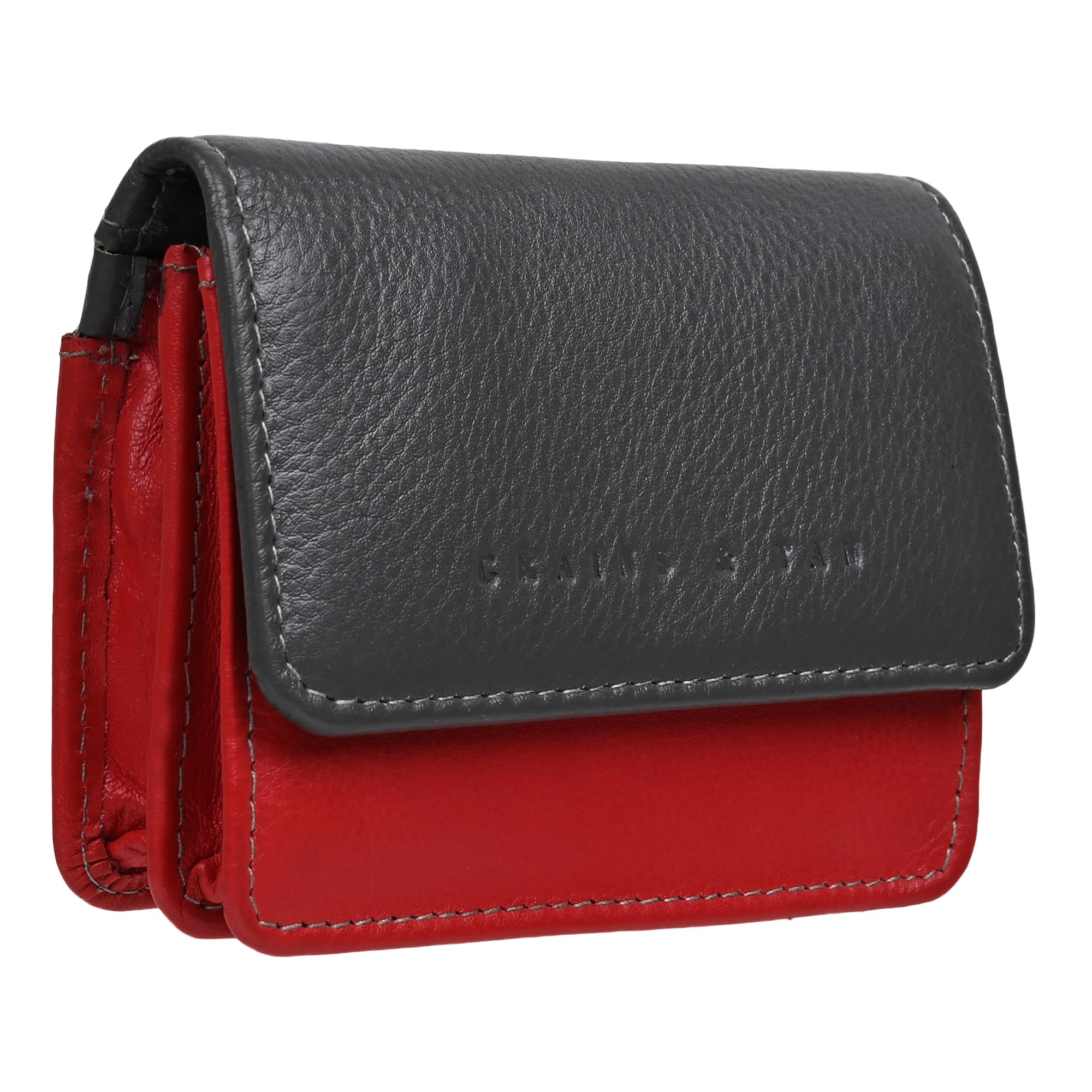 Genuine Leather Slim Wallet for Women - RFID Blocking Credit Card Holder with Coin Purse & External ID Window | Small Bifold Wallet for Everyday Use, Travel & Business (Grey/Red)