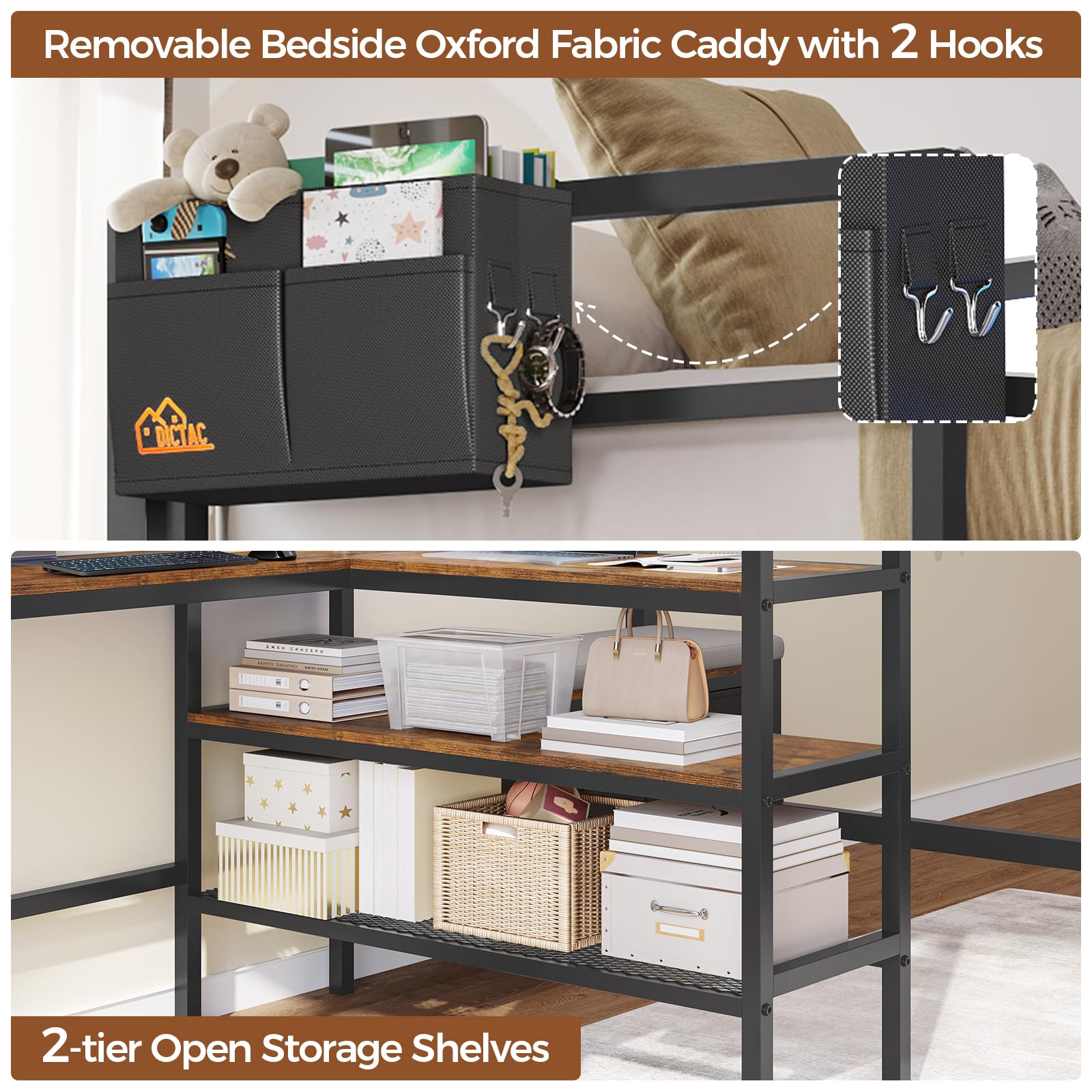 Twin Loft Bed with L-Shaped Desk & Charging Station - Metal Bunk Bed Frame with LED Lights, Storage Shelves, Coat Rack & 2 Drawers - Top Bunk Safety Guard & Stair - Space-Saving Kids/Teens Bedroom Solution for Small Rooms & Dorms (Black)