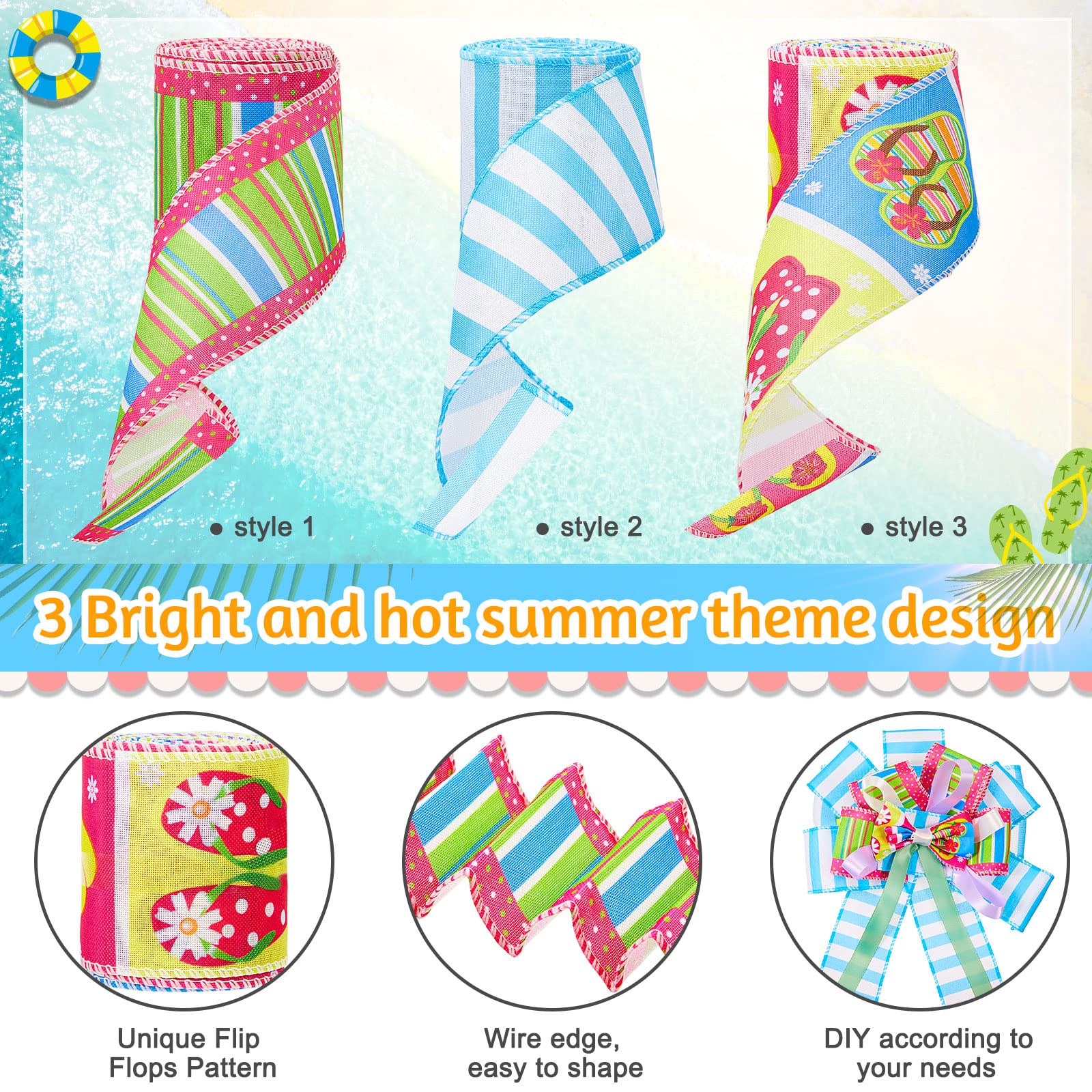 3 Rolls 18yds Summer Wired Ribbon - Polka Dot Stripe for Wreaths & DIY Crafts