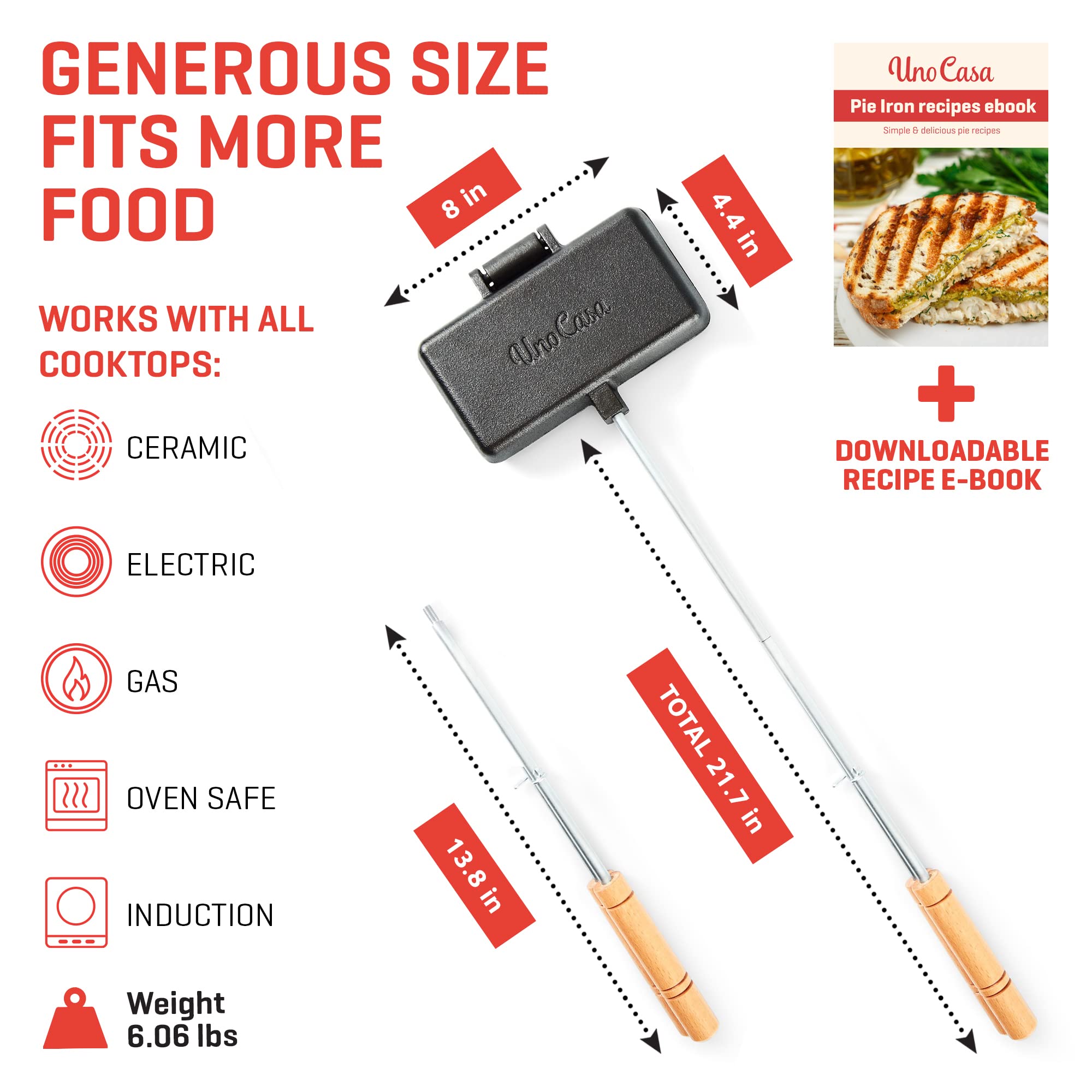 Uno Casa XL Cast Iron Pie Irons Sandwich Maker - Heavy Duty Campfire Cooking Tool for Toasted Pies, Sandwiches & Desserts - Includes Recipe Book - Perfect for Camping, Hiking & Outdoor Adventures