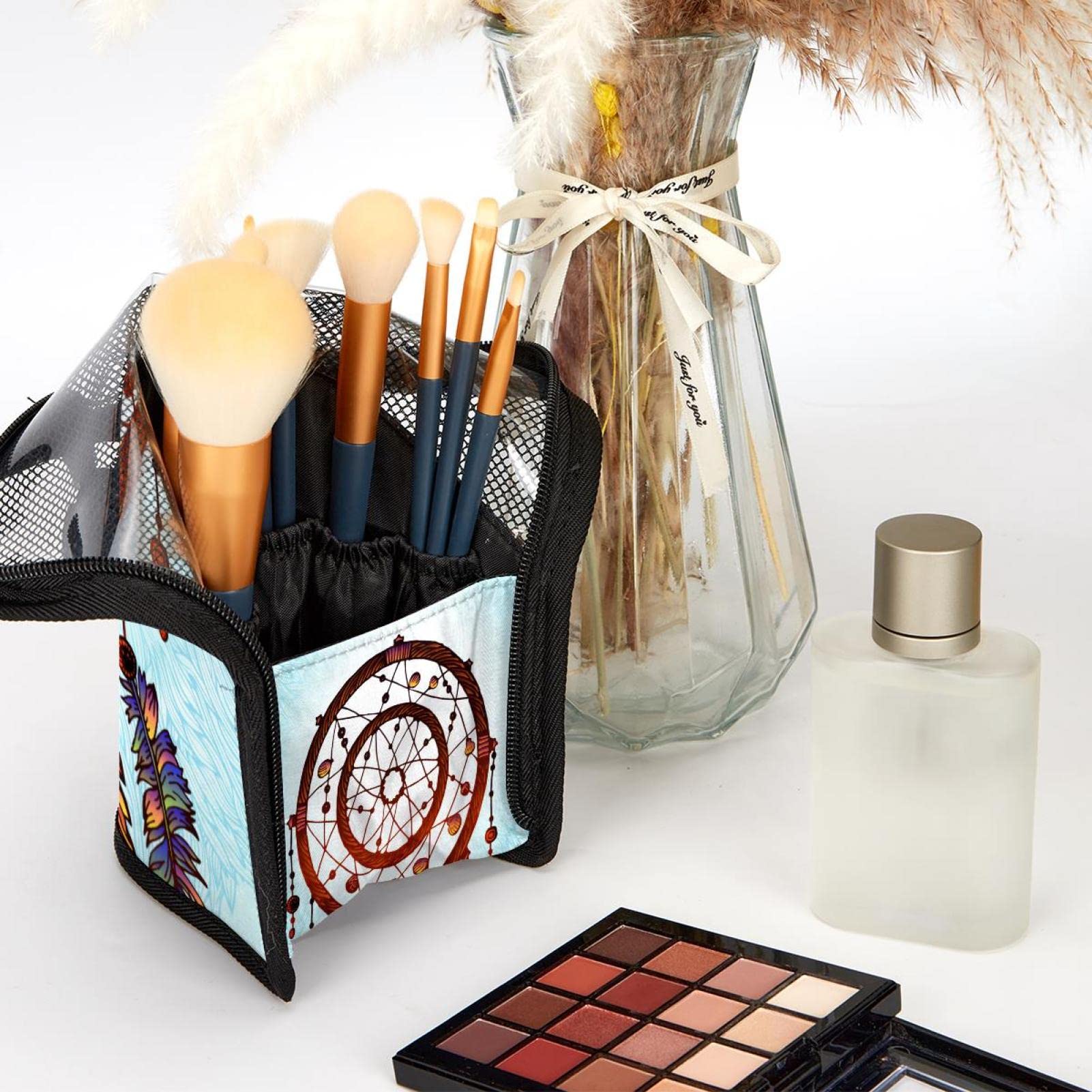 12-Piece Makeup Brush Organizer Bag with Dreamcatcher Ethnic Design - Portable Cosmetic Brush Holder Case for Travel & Home Storage