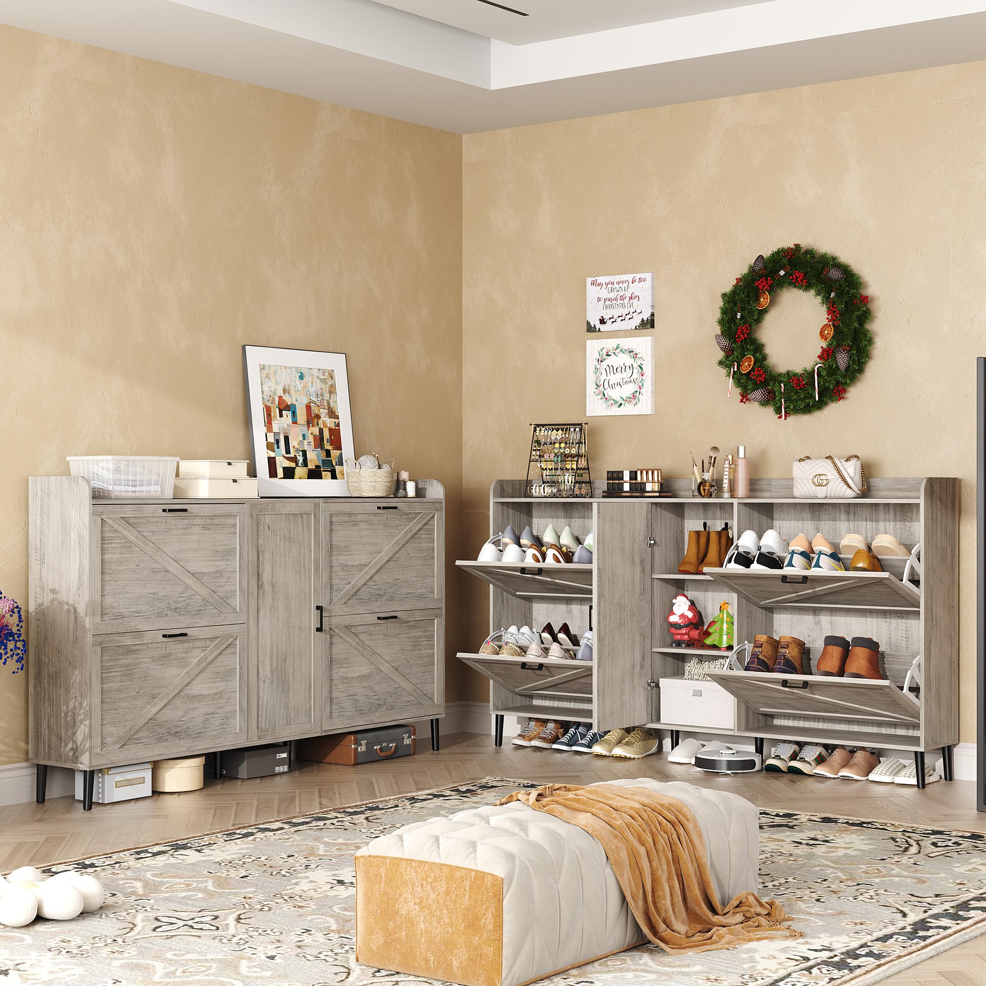HOMEFORT Large Shoe Cabinet with 4 Flip Drawers - Farmhouse Narrow Entryway Shoe Organizer | Adjustable Side Cabinet for Boot Storage | 6 Wood Legs in Washed Gray | Perfect for Small Spaces, Hallways & Mudrooms
