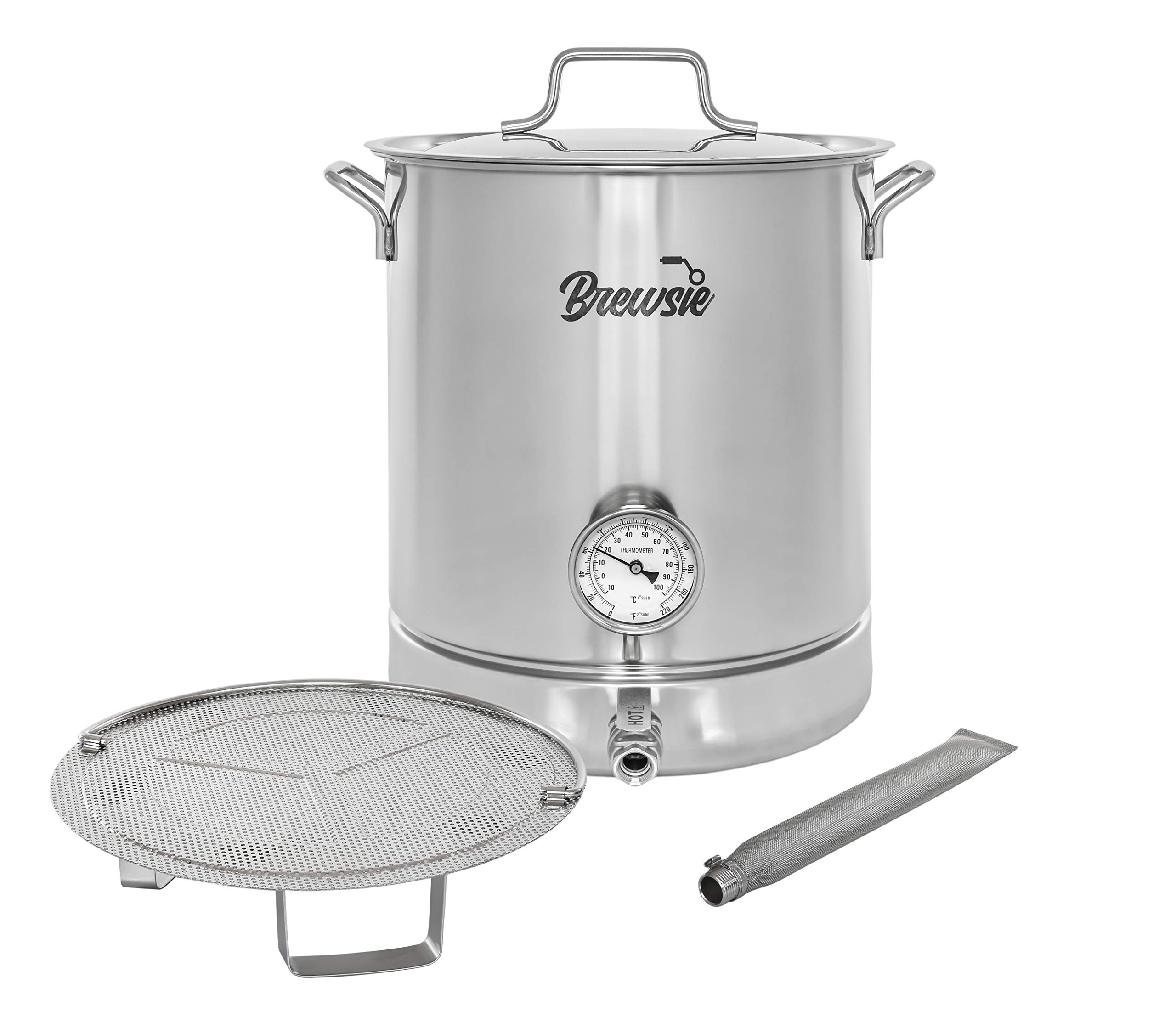 BREWSIE 16 Gallon (64 QT) Stainless Steel Home Brew Kettle with Dual Filtration System - Includes False Bottom, Thermometer & Ball Valve for Perfect Beer Brewing - Ideal for Homebrewers, Craft Beer Enthusiasts & Small Batch Brewing