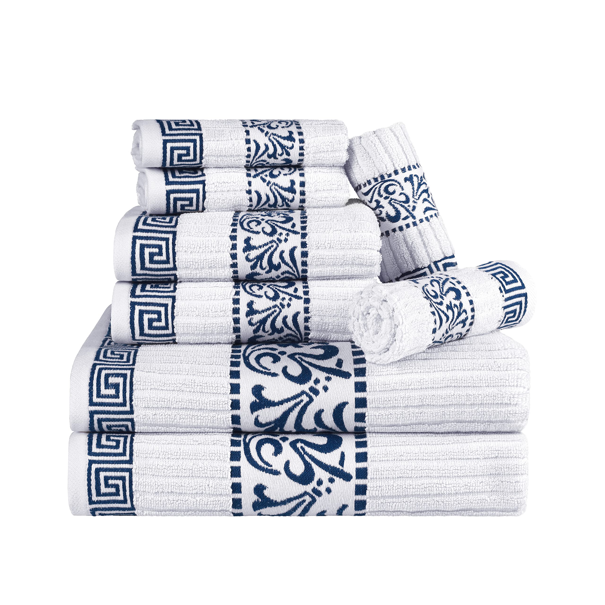BLUENILEMILLS 8-Piece Decorative Cotton Bath Towel Set with Hanging Loop - Easy Fold & Storage, Soft Absorbent Bathroom Towels in Navy Blue - Perfect for Spa, Guest Bathrooms & Beach House Decor