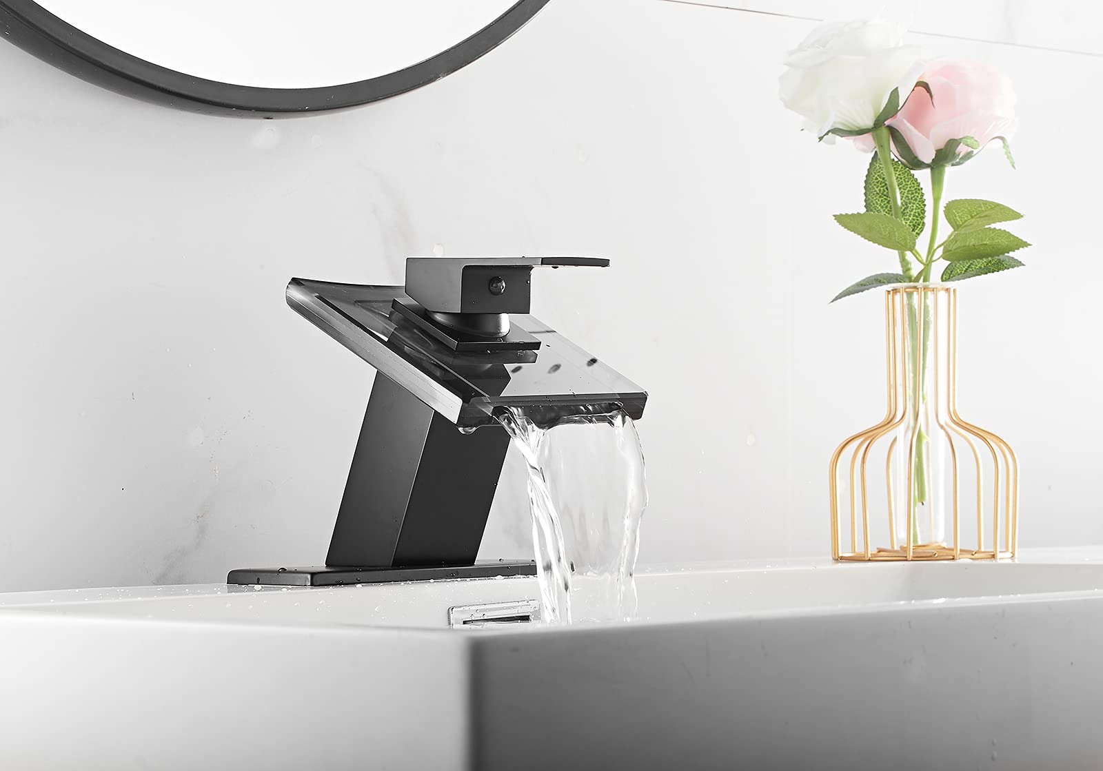 Black Waterfall Bathroom Faucet - Single Handle Deck Mount Sink Tap for Vanity & Commercial Use