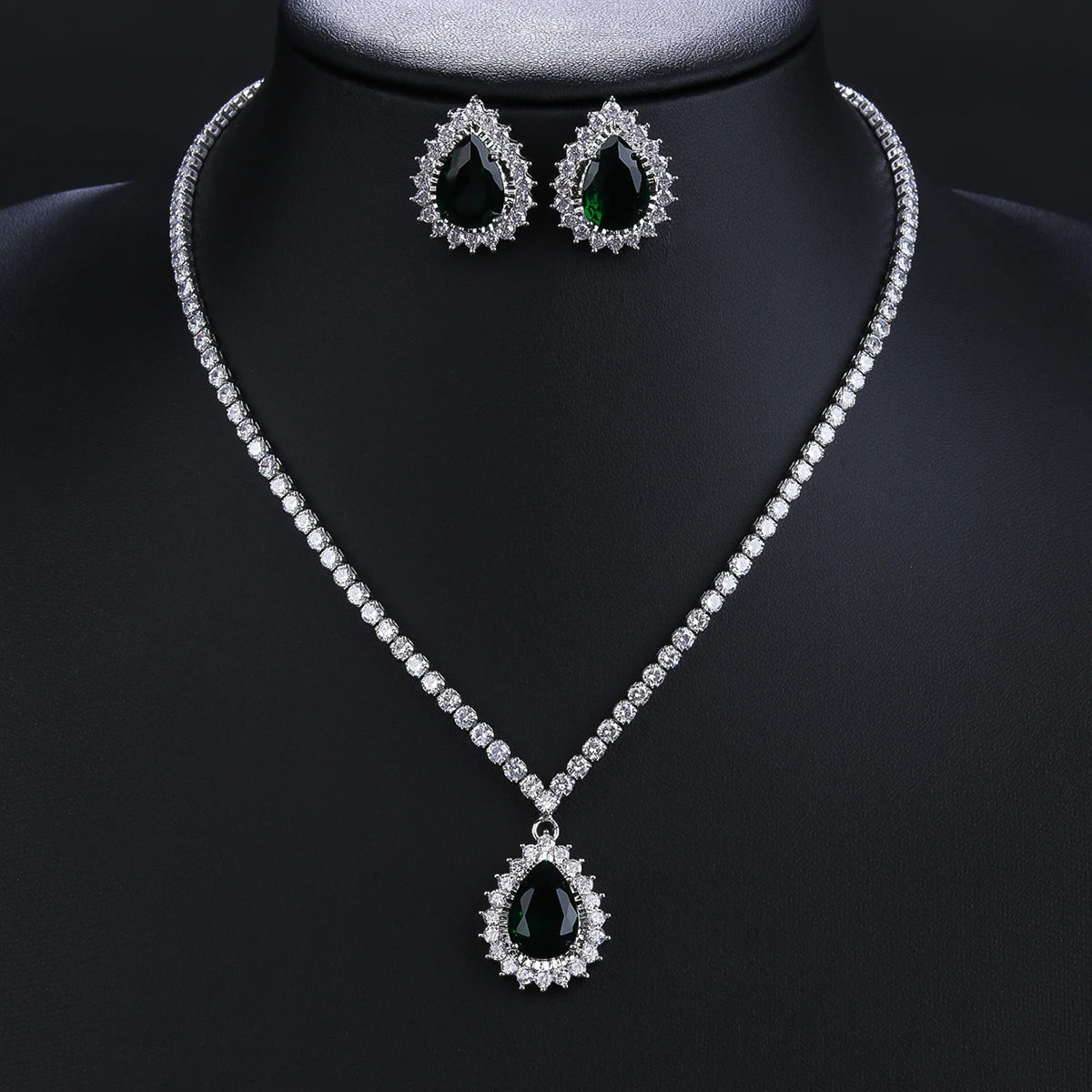 Elegant Big Light Green Pink White Water Drop CZ Crystal Necklace Earrings Set for Women - Engagement Party Wedding Costume Jewelry - Perfect for Bridal Shower, Prom, Evening Gala & Special Occasions