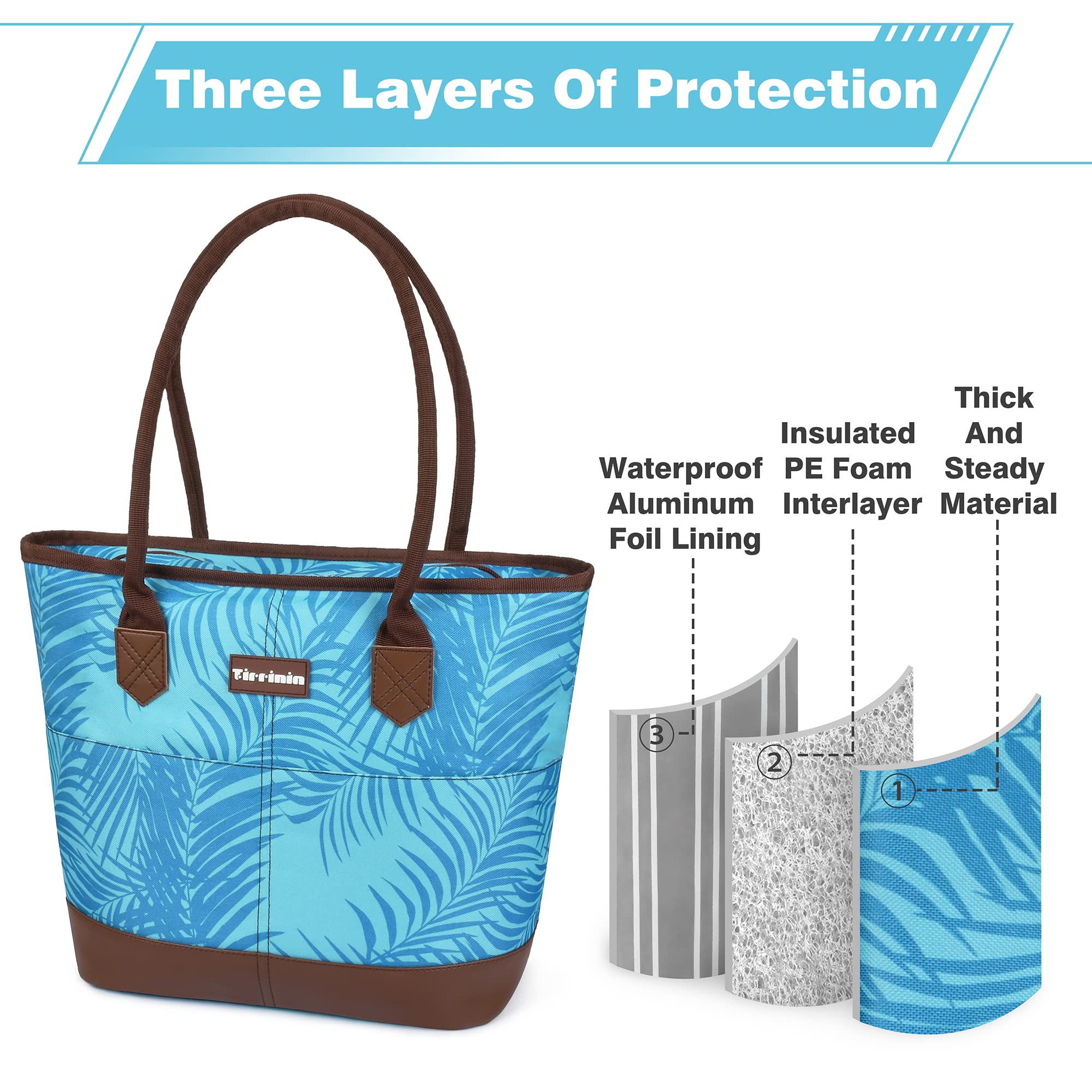 Tirrinia Large Insulated Lunch Tote Bag for Women - Waterproof Leakproof Cooler Bag with Zipper for Work, Beach, Grocery Shopping & Frozen Food Storage - Blue Leaf Design - Perfect for Office, Picnics & Travel