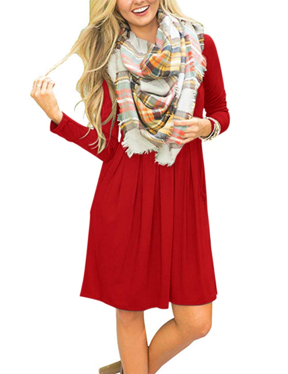 AUSELILY Women's Long Sleeve Pleated Swing Dress with Pockets - Knee Length Casual Loose Fit Dress for Everyday Wear, Office & Date Night | 2025 New Collection