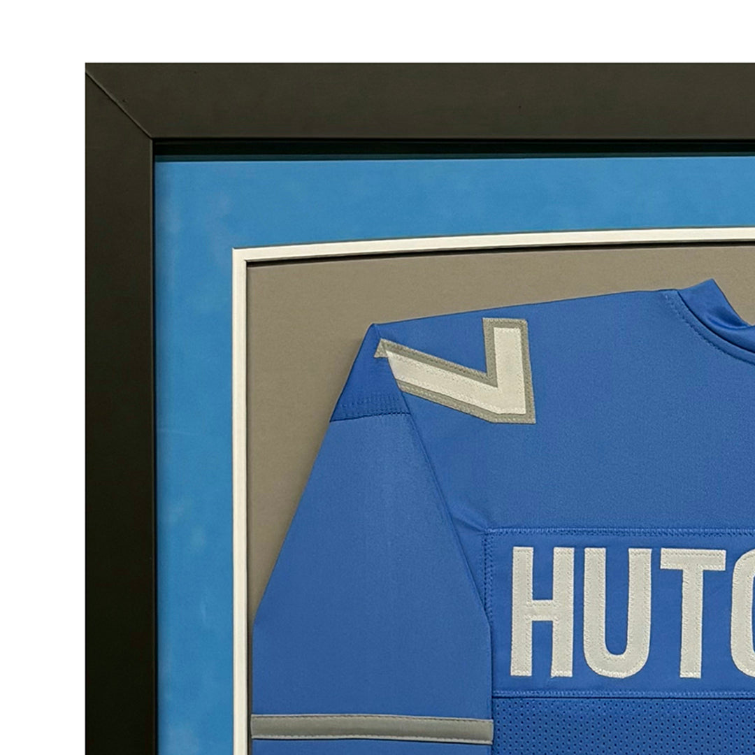 Aidan Hutchinson Autographed Detroit Lions Blue Custom Suede Matte Framed Football Jersey with Beckett COA - Perfect for Sports Memorabilia Collectors and Man Cave Decor