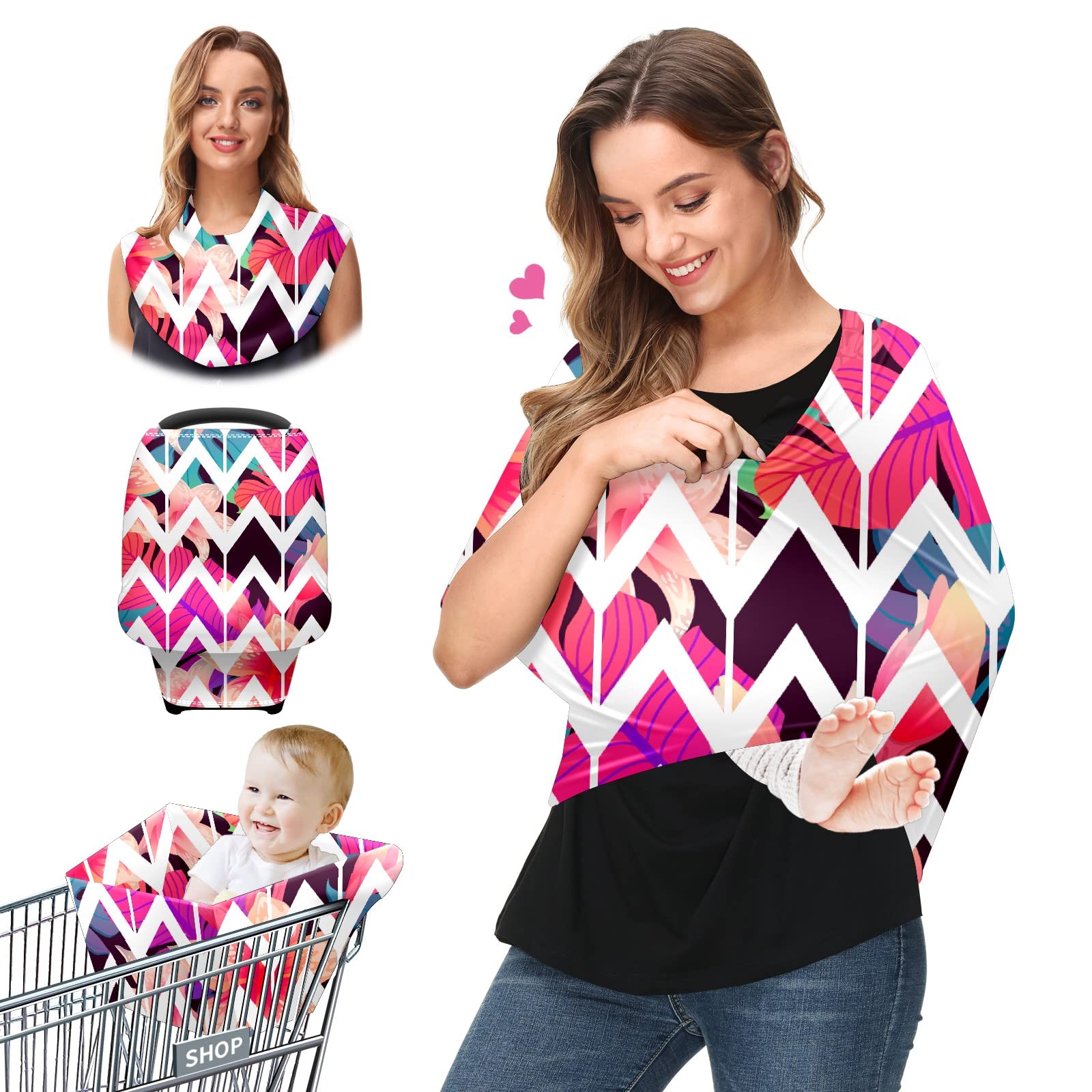 Soft Stretchy Baby Car Seat Cover & Nursing Scarf - Floral Chevron Design for Boys & Girls | Multi-Use Infant Car Canopy, Stroller Cover & Breastfeeding Accessory for New Moms | Perfect for Travel, Shopping & Outdoor Activities