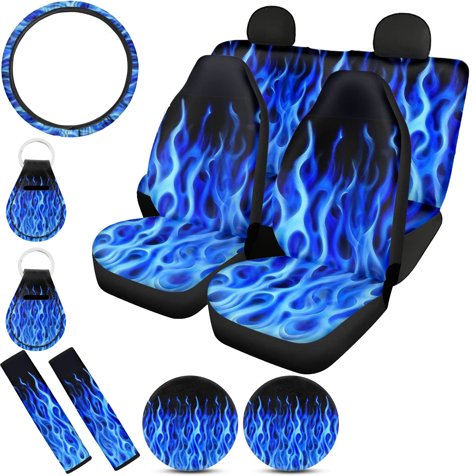 Premium Blue Fire Flame Print Car Seat Covers Full Set with 15-inch Steering Wheel Cover - Universal Fit for SUV, Truck, Van & Sedan - Durable Protector for Men & Women - Includes Bonus Coasters & Keychain - Perfect for Road Trips, Daily Commutes & Car Enthusiasts