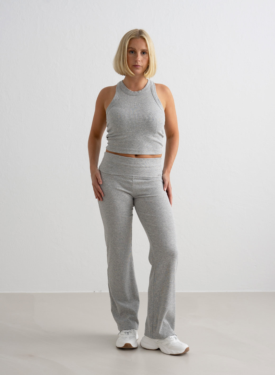 Grey Melange Ease Ribbed Petite Pants for Women - Comfortable Stretch Knit Trousers for Work, Travel & Casual Wear