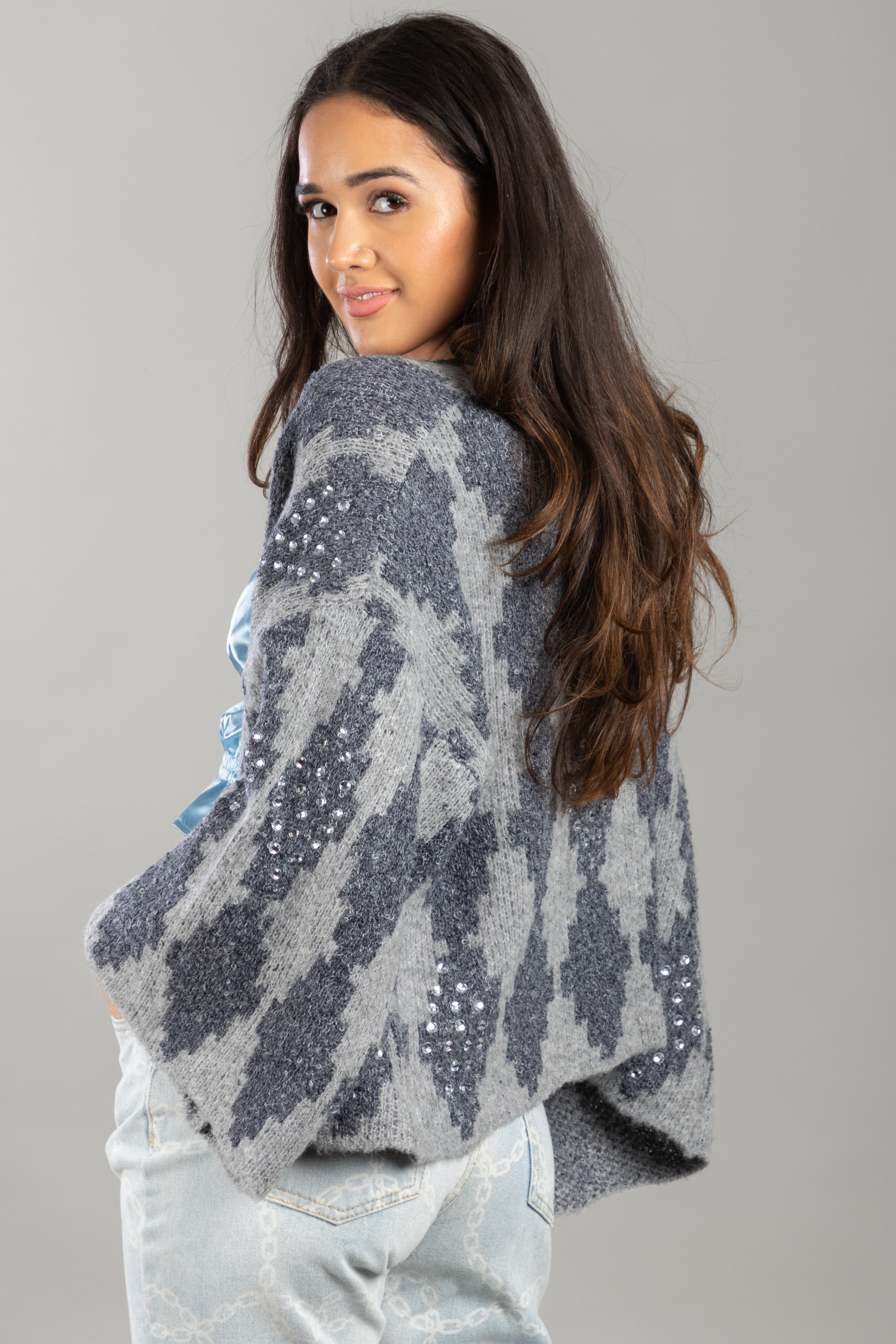 Elegant Jacquard Rhinestone Sweater for Women | Fashion Knitwear with Crystal Embellishments | Perfect for Holiday Parties & Date Nights