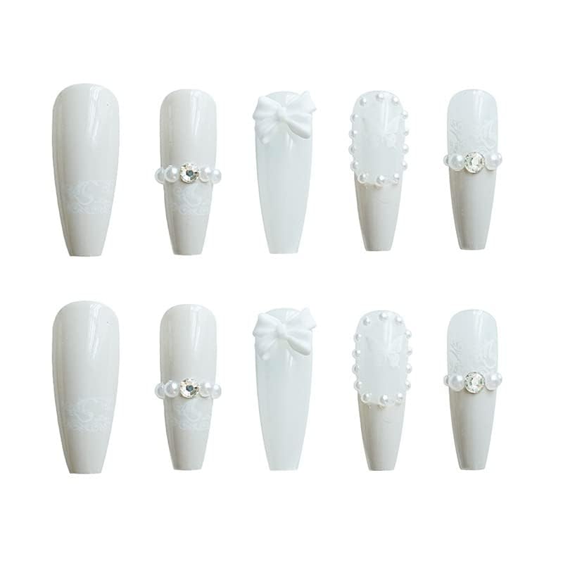24-Piece Long Press-On Nails - French White Ballerina Style with Flash Diamond Crystals | Full Cover Acrylic Fake Nails with Rhinestones for Women & Girls | Perfect for Parties, Weddings, and Special Occasions