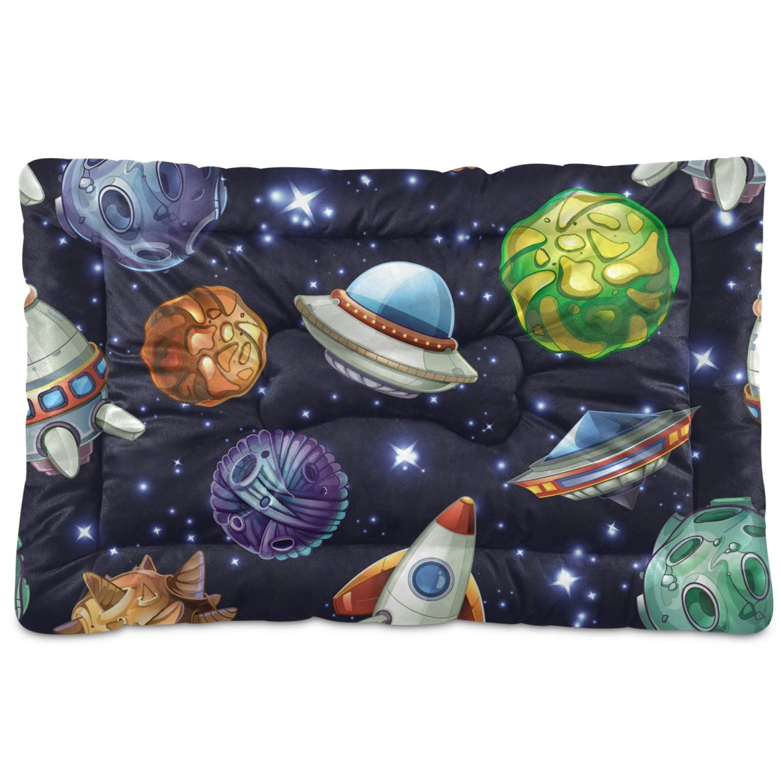 Washable Dog Bed Mat - Spaceship Planet Design for Large, Medium & Small Dogs - 24x18 Inch Crate Mattress & Pet Pad - Perfect for Kennels, Crates & Home Use