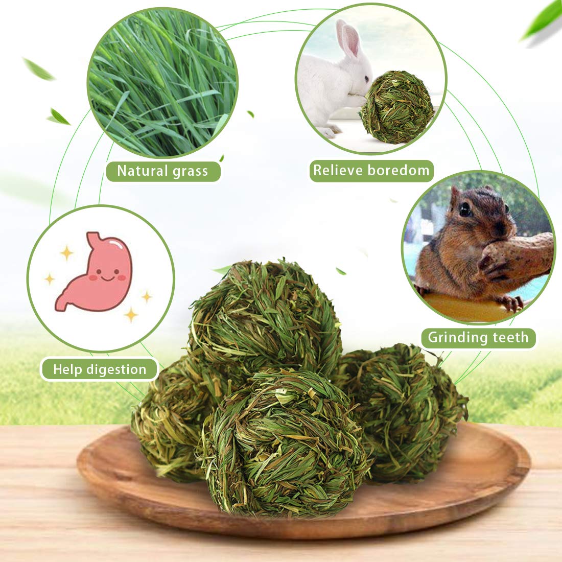 6 Pack Natural Timothy Woven Grass Chew Balls for Rabbits, Hamsters, Chinchillas, Gerbils & Guinea Pigs - Small Animal Teeth Grinding & Play Activity Toys - Perfect for Cage Enrichment & Stress Relief