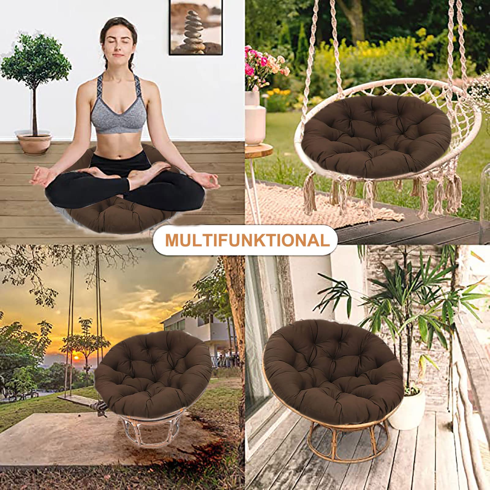 Premium Papasan Chair Cushion for Outdoor Egg Chairs & Rattan Swivel Chairs - Thick Comfortable Swing Chair Cushion (51.1 inch/130cm Coffee) - Indoor & Outdoor Use - Perfect for Patio, Garden, Sunroom & Relaxation