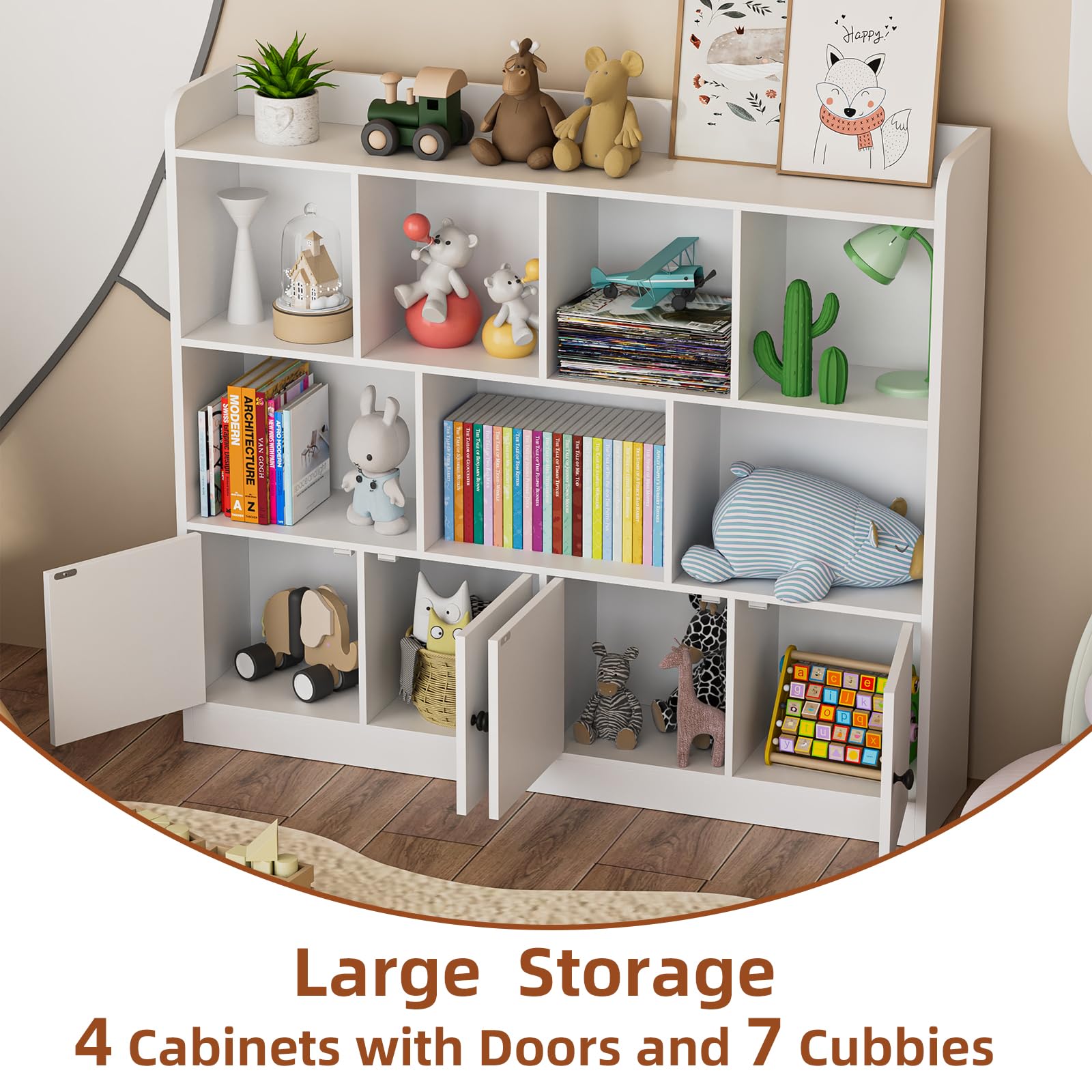2 in 1 Large Toy Organizer and Storage Shelf - 4 Tier Kids Bookshelf with 11 Storage Cubbies - White Wooden Storage Cabinet for Daycare, School, Classroom, Playroom, Nursery & Kindergarten - Perfect for Organizing Toys, Books & Learning Supplies