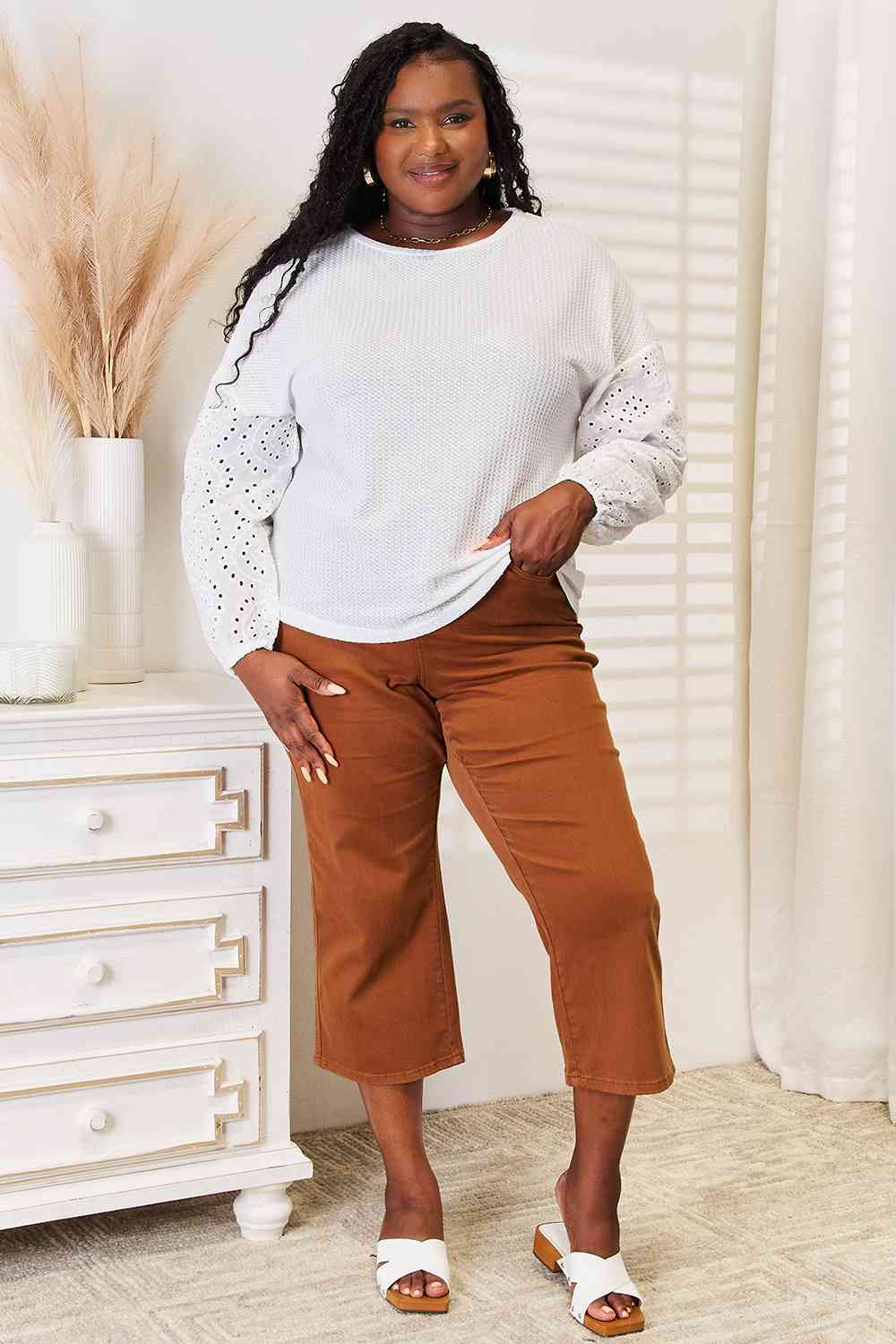Elegant White Eyelet Dropped Shoulder Round Neck Blouse for Women - Perfect for Summer Outfits, Office Wear & Casual Dates