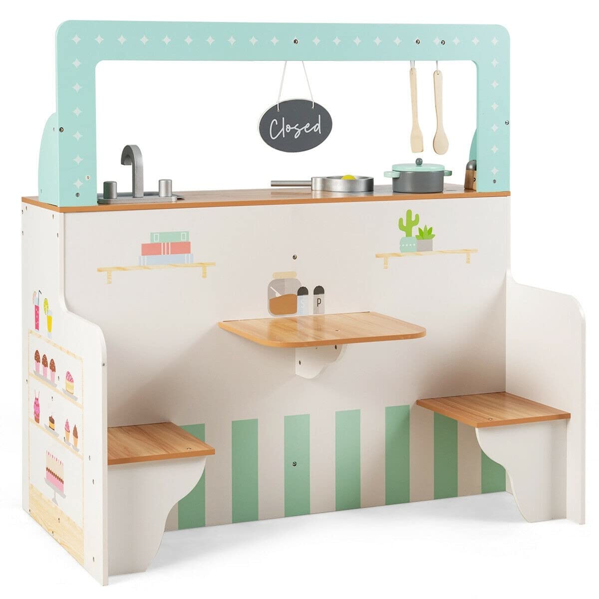 Fireflowery 2-in-1 Kids Kitchen Playset - Double Sided Wooden Pretend Play Cooking Set with Stove, Oven, Microwave & Storage Shelf - Realistic Turnable Knobs - Educational Toy for Toddlers Age 3+ (Green) - Perfect for Pretend Play, Role Playing & Early Childhood Development