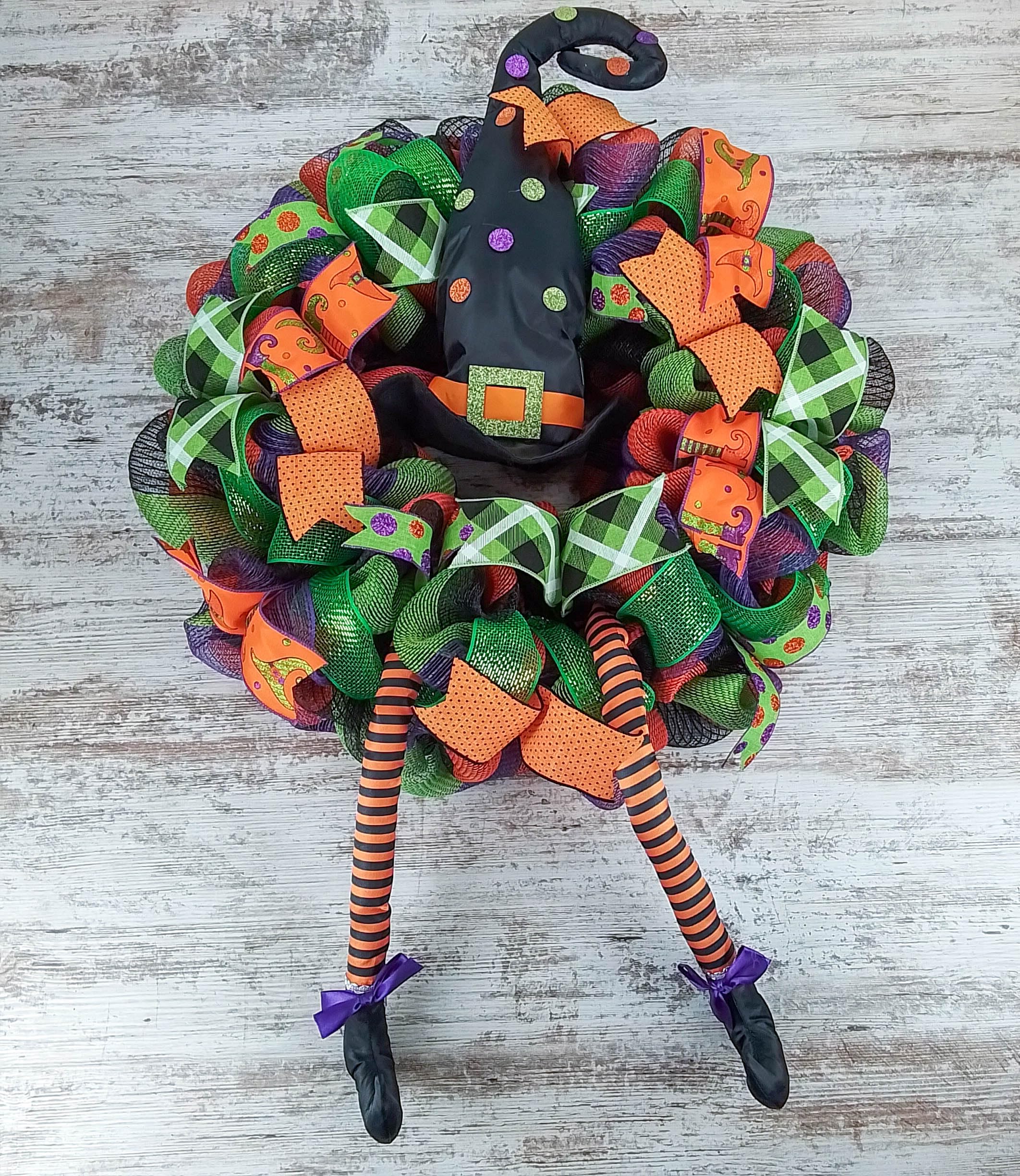 Halloween Witch Wreath with Hat & Legs - Lime Green, Black & Orange Mesh Welcome Door Decor for Spooky Front Porch | Perfect for Halloween Party Decorations & Haunted House Entrance