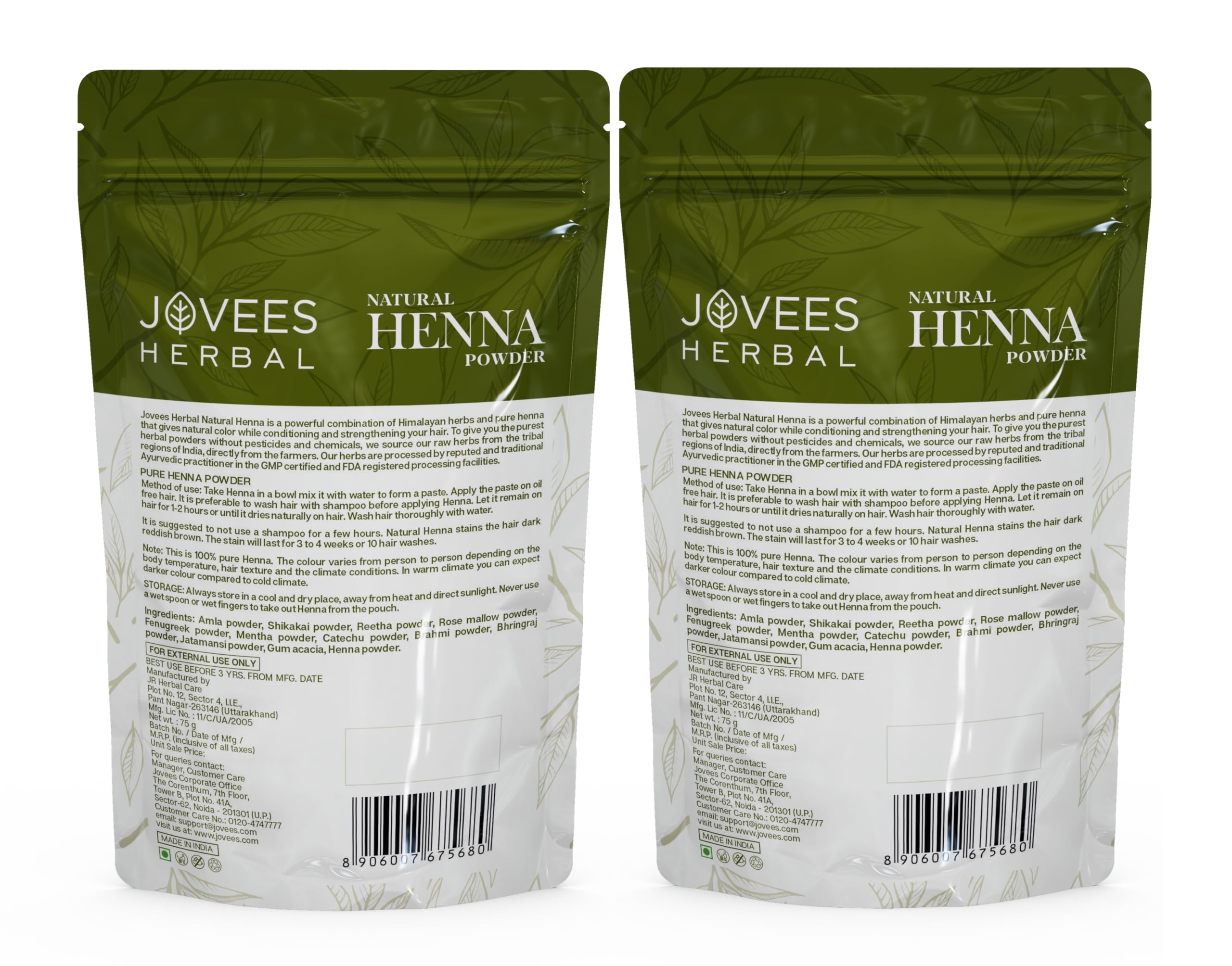 Jovees Herbal Henna Powder with Amla, Shikakai & Brahmi - Natural Hair Treatment for Conditioning, Hair Fall Control & Damage Repair - 75g (Pack of 2) - Perfect for DIY Hair Masks & Ayurvedic Hair Care at Home