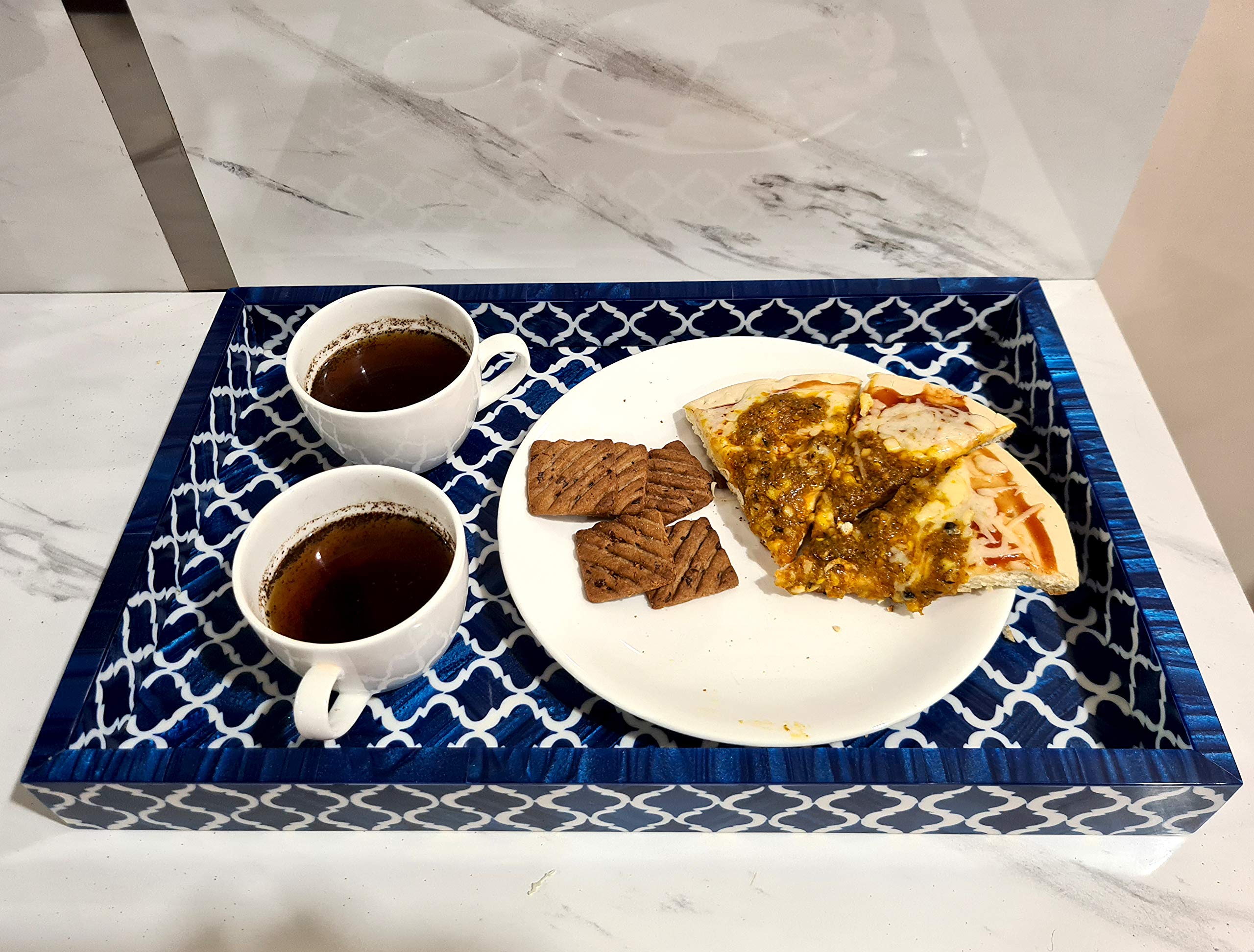 Handcrafted Blue & White Moorish Moroccan Bone Inlay Serving Tray - Multipurpose Decorative Tray for Breakfast, Tea, Coffee & Snacks - Perfect for Home Decor, Dining, and Gift Giving