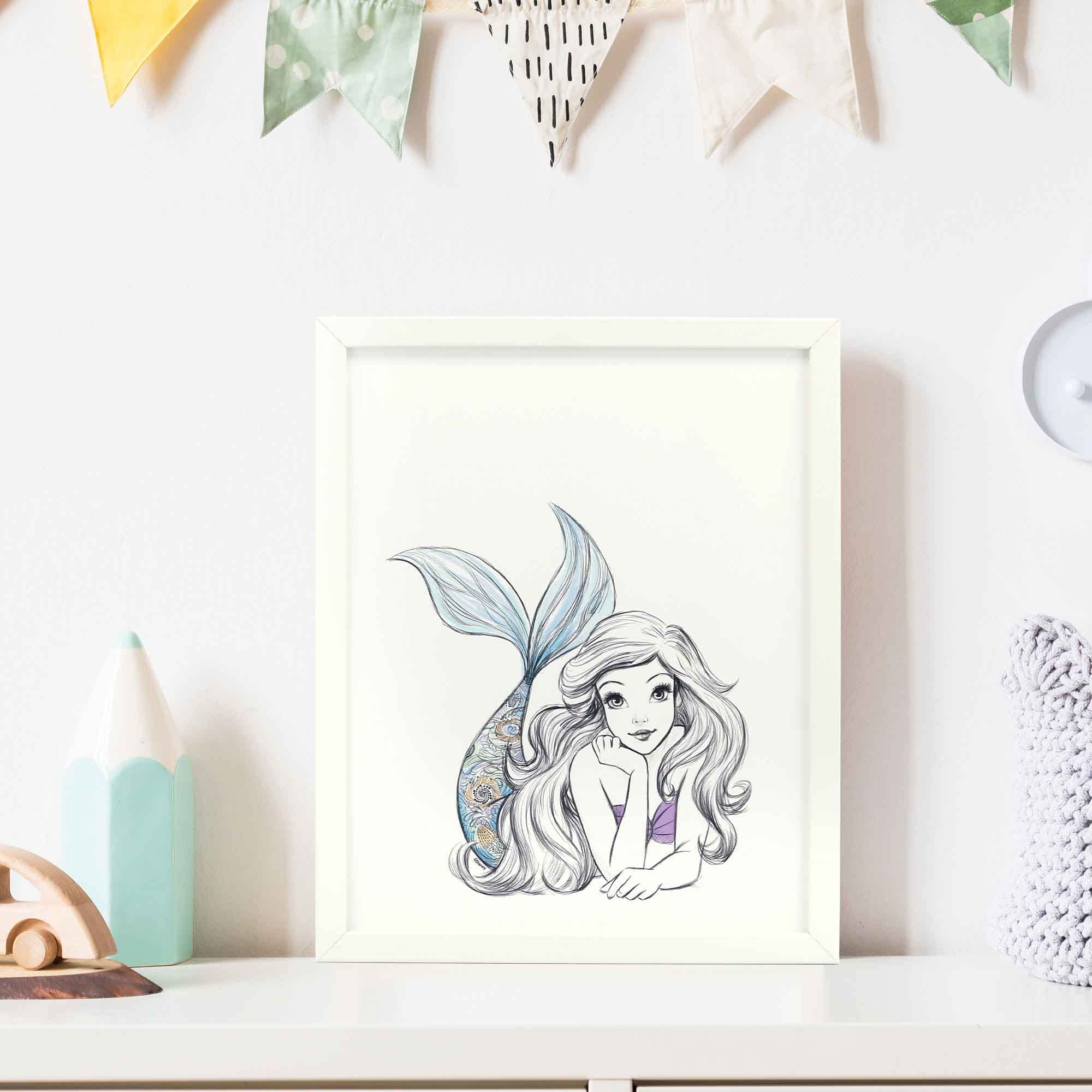 Disney The Little Mermaid Framed Wall Art - Ariel Illustration Print for Bedroom, Kids Room, Nursery & Home Theater Decor | Perfect for Disney Fans, Birthday Gifts & Themed Room Design