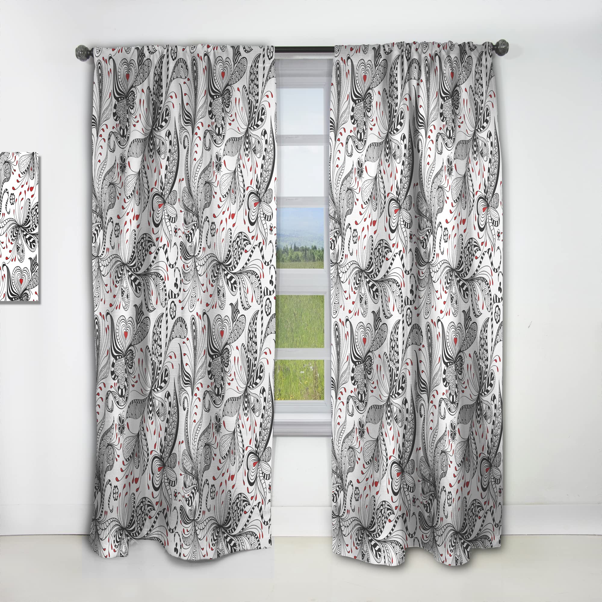 Black & Red Floral Pattern Thermal Insulated Curtains - 52x84 Single Panel for Bedroom & Living Room - Elegant Window Drapes for Home Decor, Light Blocking & Energy Saving