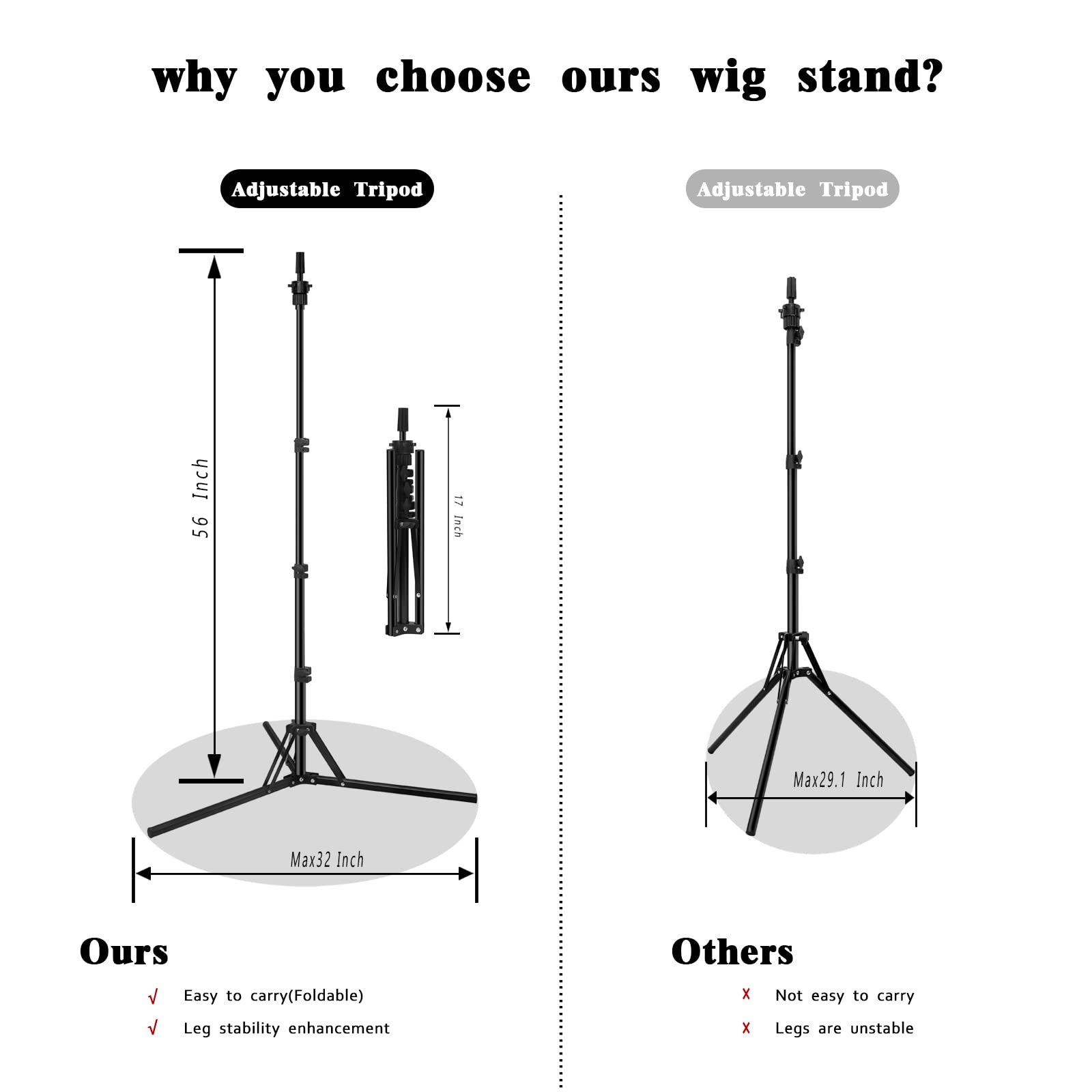 Adjustable Metal Wig Stand Tripod - Foldable Mannequin Head Holder for Cosmetology, Hairdressing & Styling Training | Perfect for Salon, Home Use & Wig Display